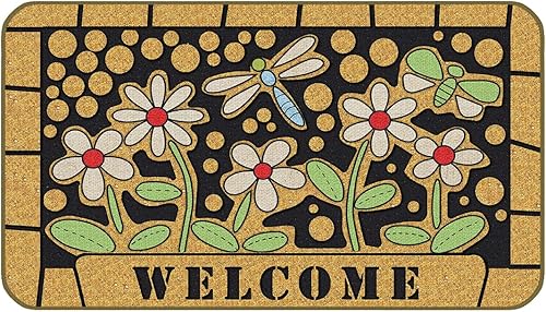 Felpudo decorativo de bienvenida con diseño de libélula y flores florales de 17 x 30 pulgadas, moderno tapete de bienvenida, decoración de granja
