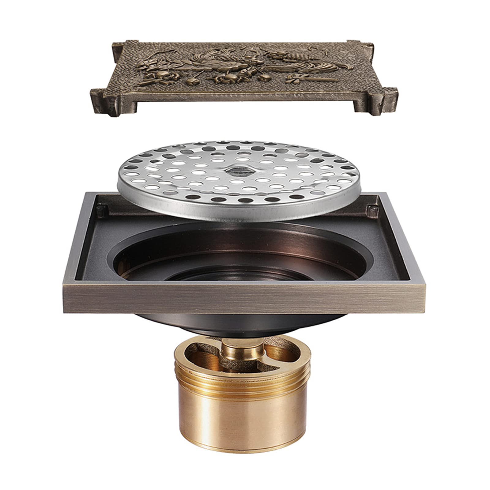 Drain de douche de salle de bain anti-odeur carré en laiton bronze antique 4 pouces