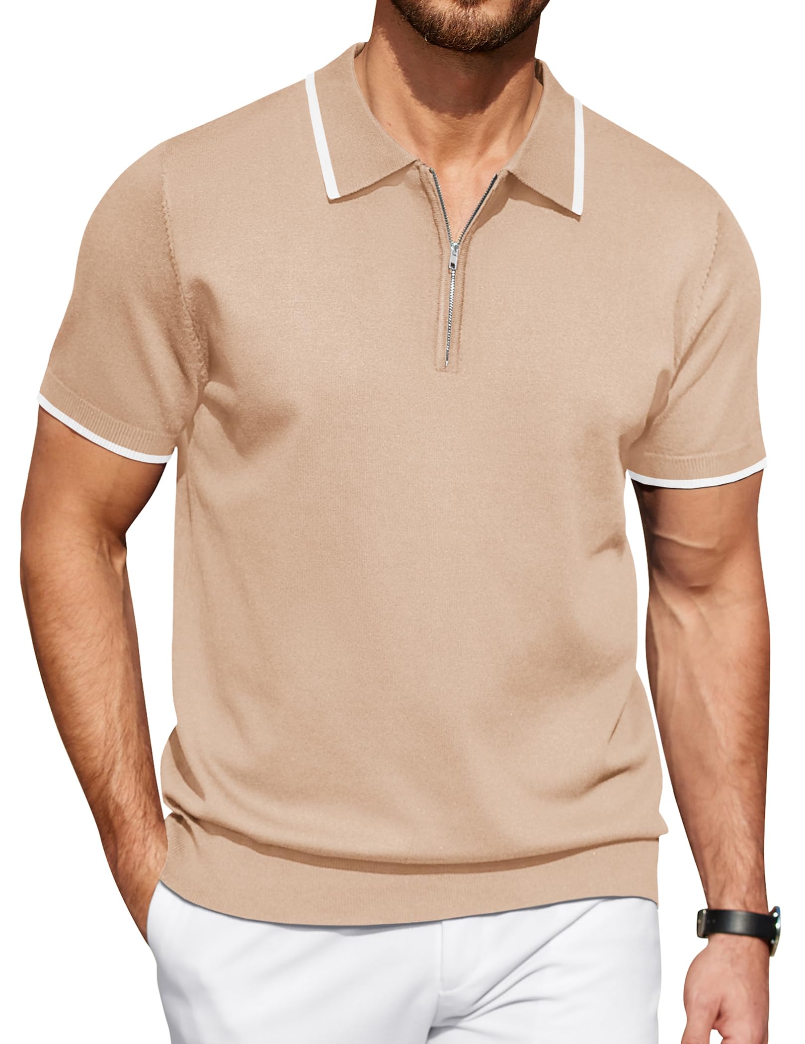 COOFANDY Polo de manga corta con cremallera para hombre, estilo informal