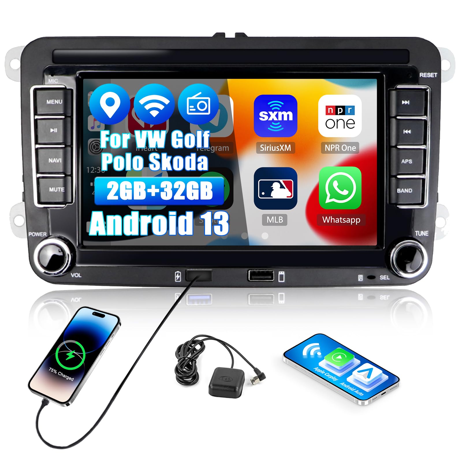 CAMECHO 2+32G Android 13 Radio de Coche GPS con Pantalla Táctil 7 Pulgadas para VW Golf Skoda Seat,Radio 2 DIN con Bluetooth Manos Libres FM Enlaces Espejo Mandos Volante+Canbus