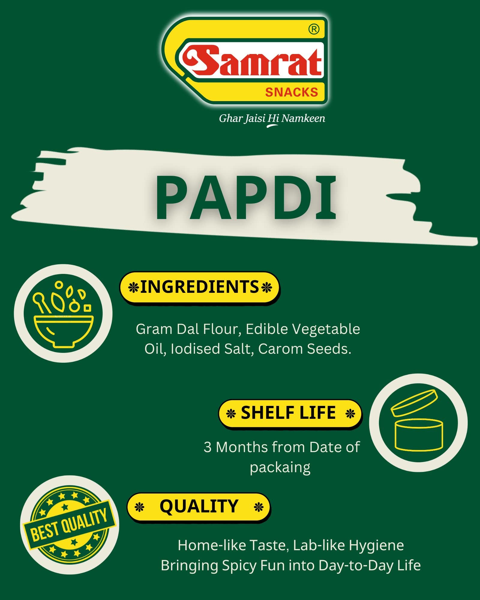 SAMRAT | PAPDI | Tangy & Crispy Taste Namkeen| Ghar Jaisi Hi Namkeen| Healthy Snacks| Every Day Fresh Indian Snacks |Traditional Indian Snacks| (PACK OF 2 (2X400G)) 1
