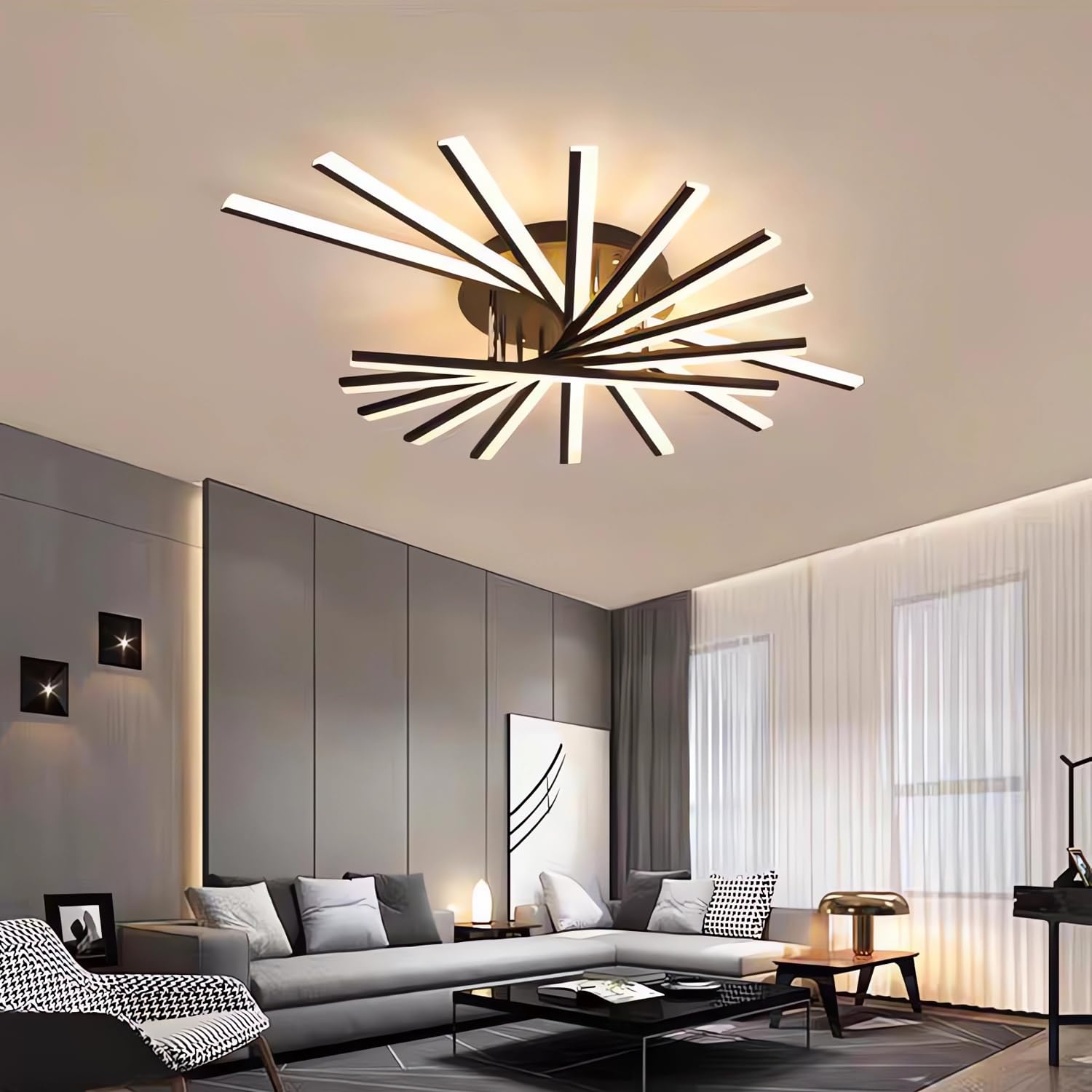 Dimmbare LED Deckenleuchte Moderne Deckenbeleuchtung mit Fernbedienung Deckenlampe Große Wohnzimmer Decke Licht Kreative Rundleuchte für Schlafzimmer Esszimmer Büro Küche (Schwarz, 9 Köpfe)