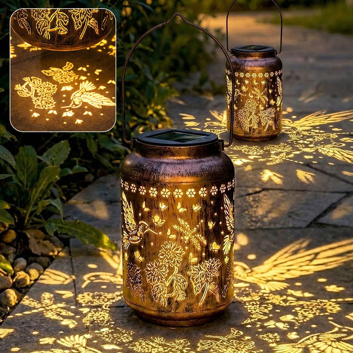 Solar Hanging Lanterns Outdoor, Hummingbird & Dragonfly Decorative Garden Lights, IP65 Waterproof LED Lanterns for Patio, Yard & Balcony, Gift for Garden Enthusiasts & Outdoor Lovers, 2 Pack