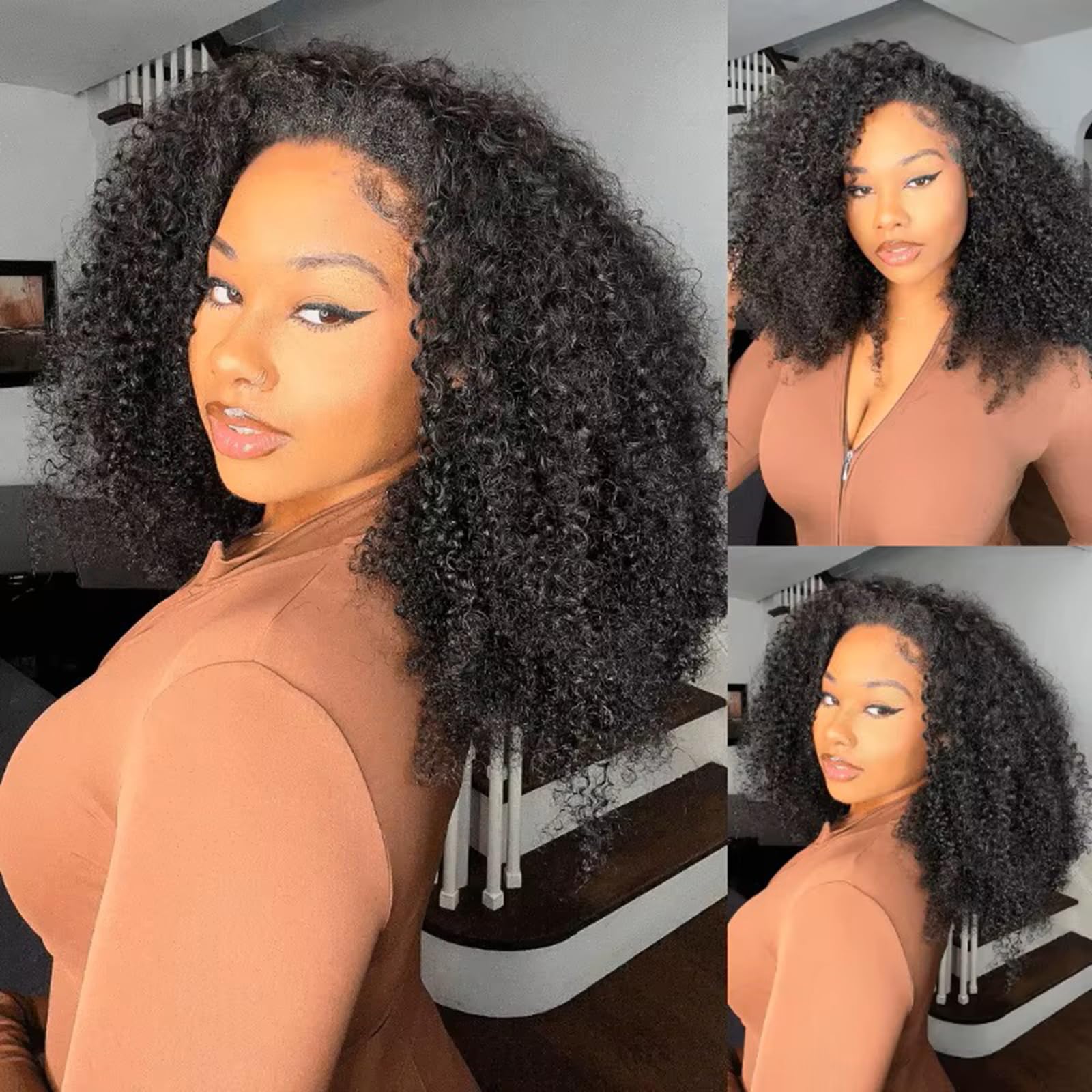 DUAUJUIU 3 in 1 Curly Half Wig Human Hair Kinky Curly Glueless Install Flexible Fit Flip Over Half Wig with Adjustable Elastic Band Invisilbe Hairline Beginner Friendly Drawstring Wigs 24 Inch
