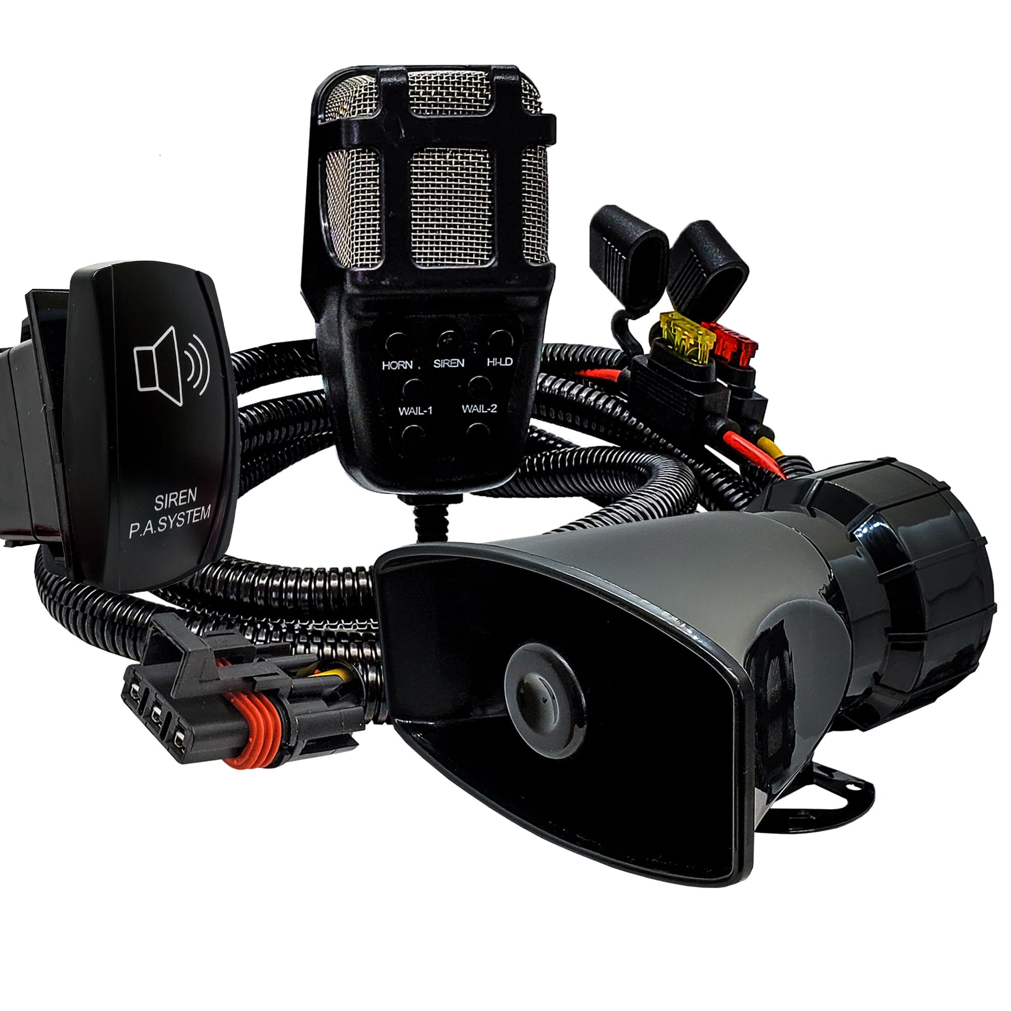 Alarm Horn Siren PA Speaker Mic System with Pulse Power Busbar Plug Wire Harness Kit Compatible with Polaris RZR Turbo Pro Crew Ranger XP Xpedition ADV 2018-2024