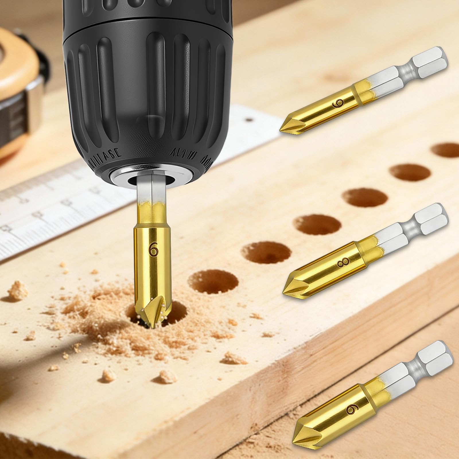 3Pack Countersink Drill Bit Set 6-9mm Chamfering Bits with 1/4 Inch Hex Shank for Woodworking Screw Preparation and Power Drill Applications