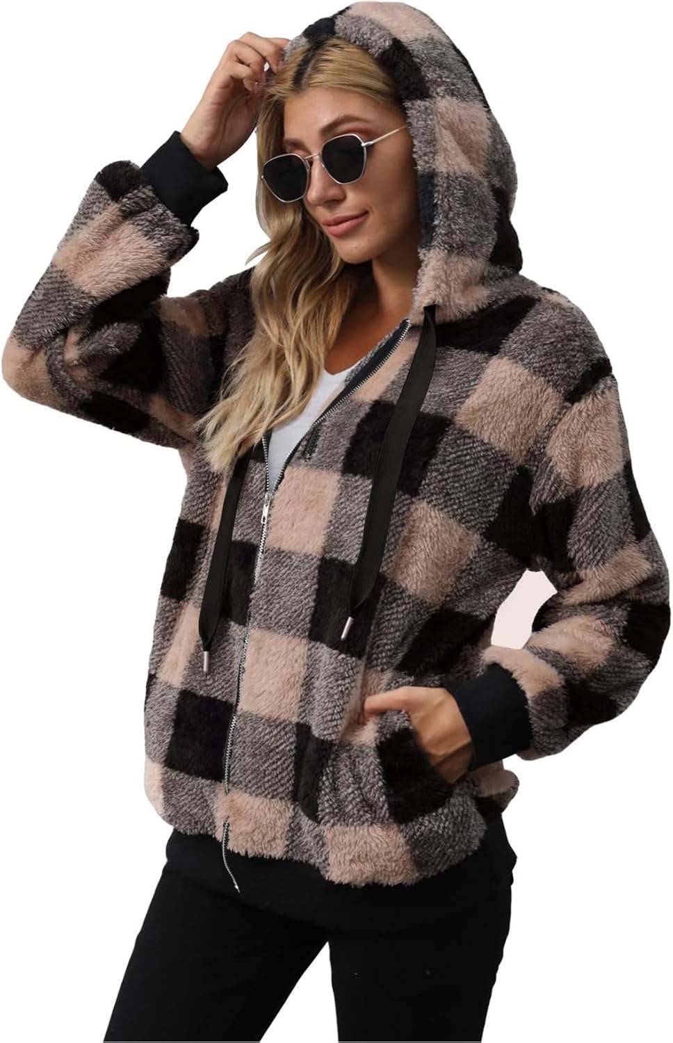 Nirovien Womens Sherpa Jacket Fuzzy Zip Up Hoodie Oversized Fleece Jackets Fluffy Coat with Pockets - Image 6