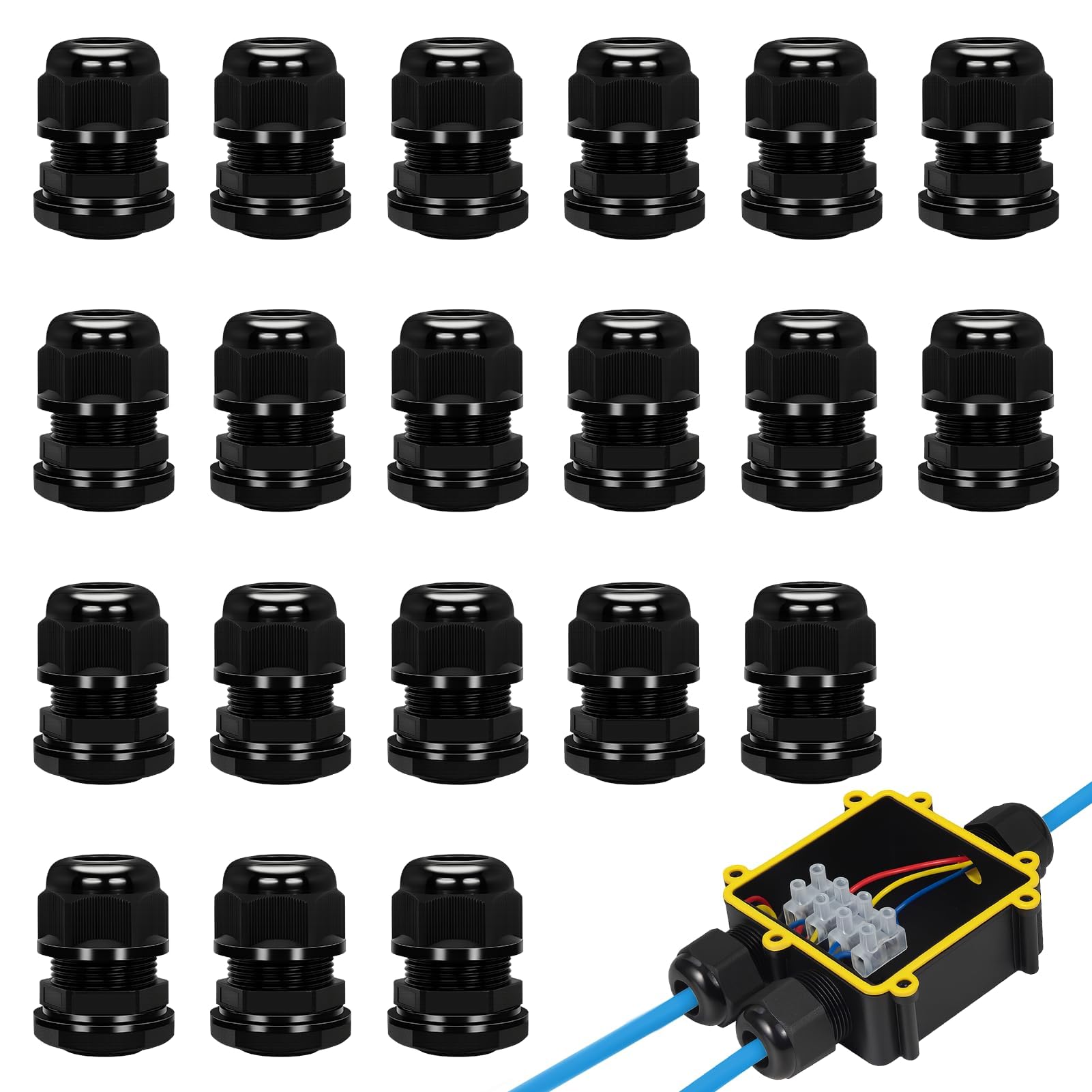 20 PCS Cable Glands 20mm Set – M20 Waterproof Cable Gland Connectors, IP68 Nylon Cable-Glands for 6–12mm Wires, Black Threaded Wire Connector Kit with Locknuts for Outdoor Electrical Use