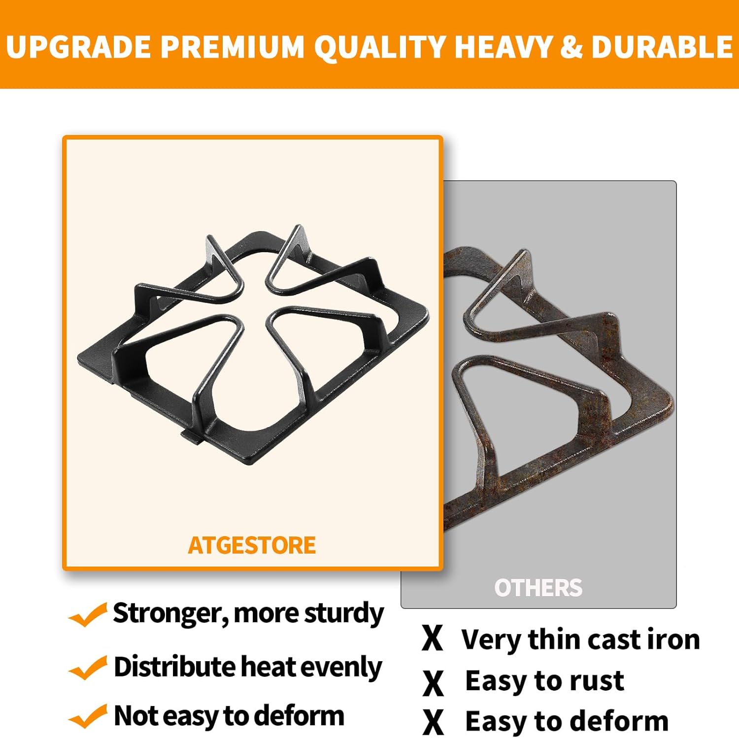 Upgraded W10447925 Stove Grates Replacement for Whirlpool Gas Stove Parts Top Burner Grate, 8.3x9’’ Kenmore Maytag Amana Inglis Kirkland Gas Range Cooktop Parts Matte Cast Iron Surface Grate Set 4 Pcs