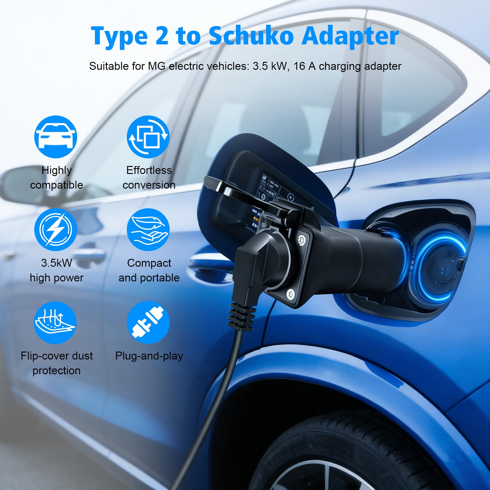 Adapter Schuko typu 2 V2L do MG EV, adapter do ładowania 3,5 kW, 16 A do MG4, MG5, MG ZS, MG Marvel R, typ 2, ładowarka do elektrycznych rowerów, skuterów, elektrycznych wózków inwalidzkich