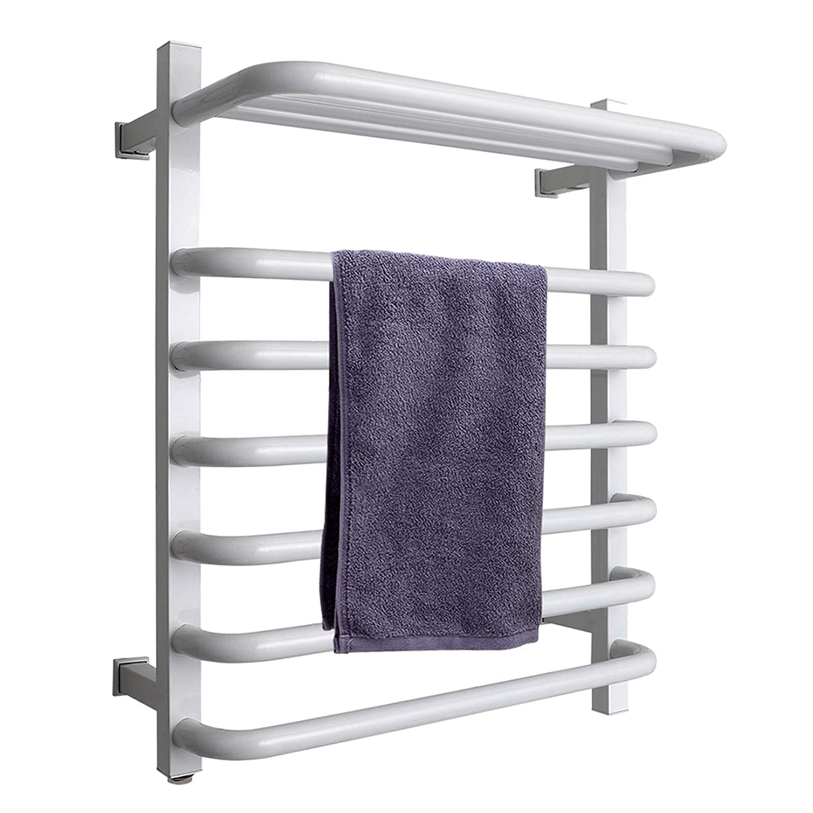 asdchZen Electric Drying Rack Stainless Steel Polished Heated Towel Rail Radiator With Shelf Bathroom Wall Mounted Heated Towel Rack With On/Off Switch-White-Plug In,White-Hardwired