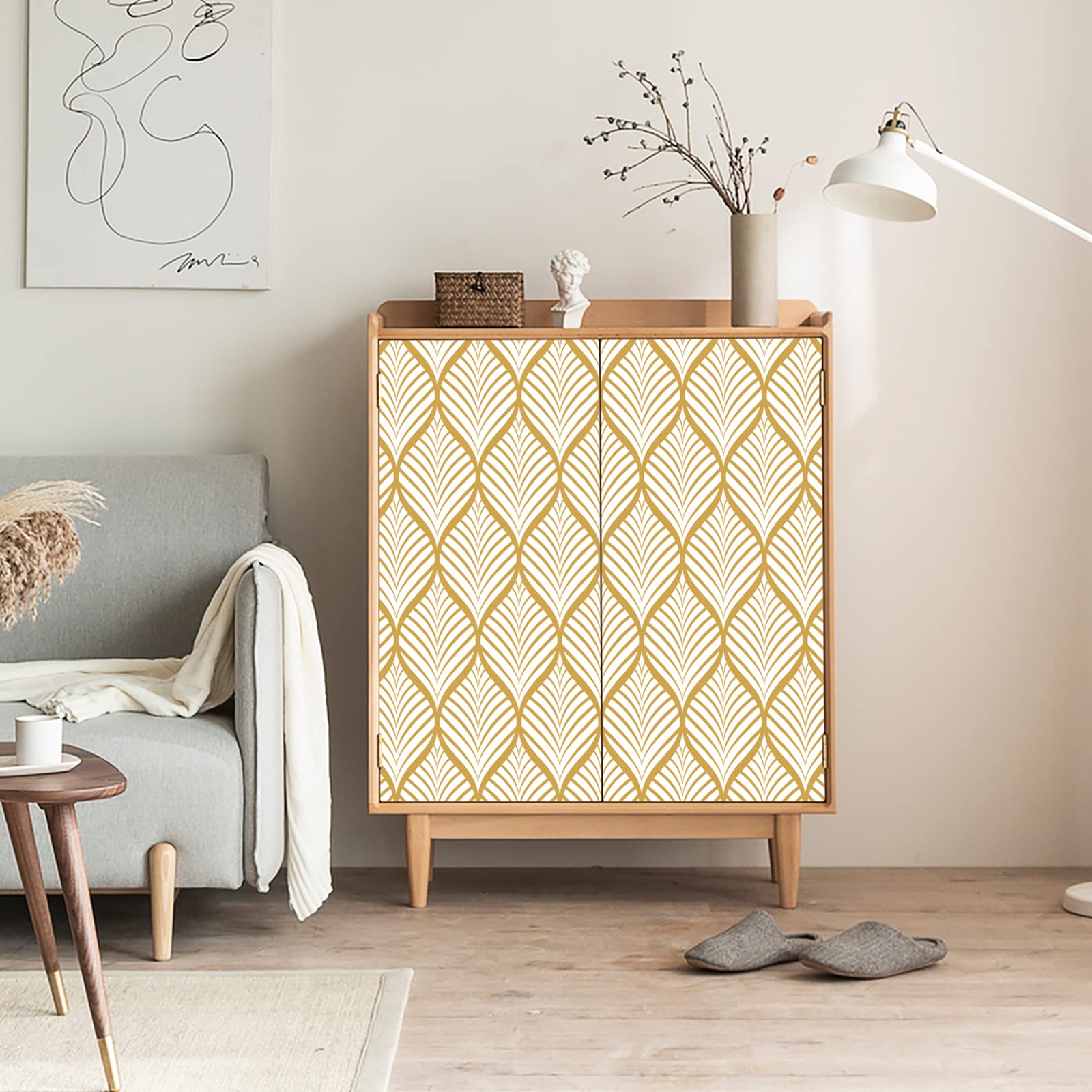 Papel Pintado Moderno Amarillo Adhesivo de Pared Autoadhesivo Impermeable con Diseño Geométrico de Rayas Doradas Para Baño Sala de Estar Dormitorio Decoración de Puerta de Cocina 44,5x1000cm
