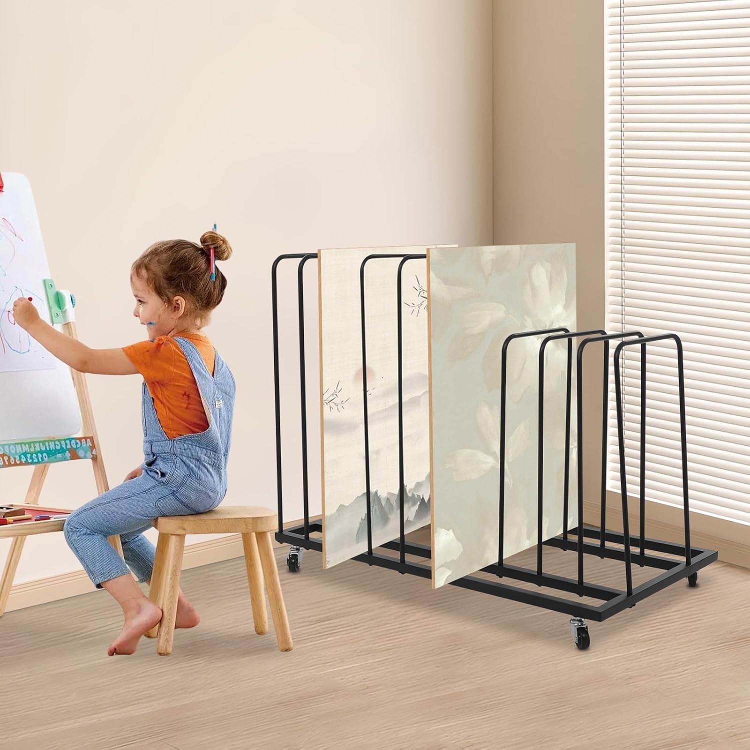 Art Storage Rack with Wheels 10 Section Art Drying Rack Metal Storage Stand Rolling Art Painting Display Rack for Canvas Boards, Panel, Crafts Drying and Paintings Display (Black)