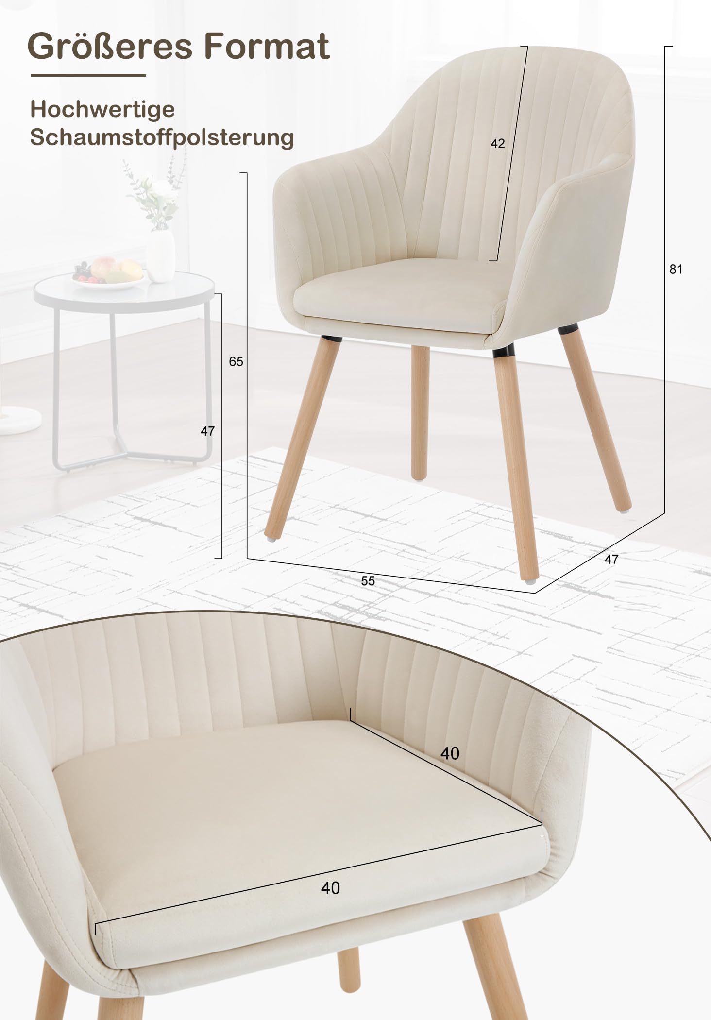 WOLTU Esszimmerstühle 4er Set, für Schlafzimmer Küche Wohnzimmer, Küchenstühle gepolstert mit Armlehne, aus Samt Massivholz, Cremeweiß