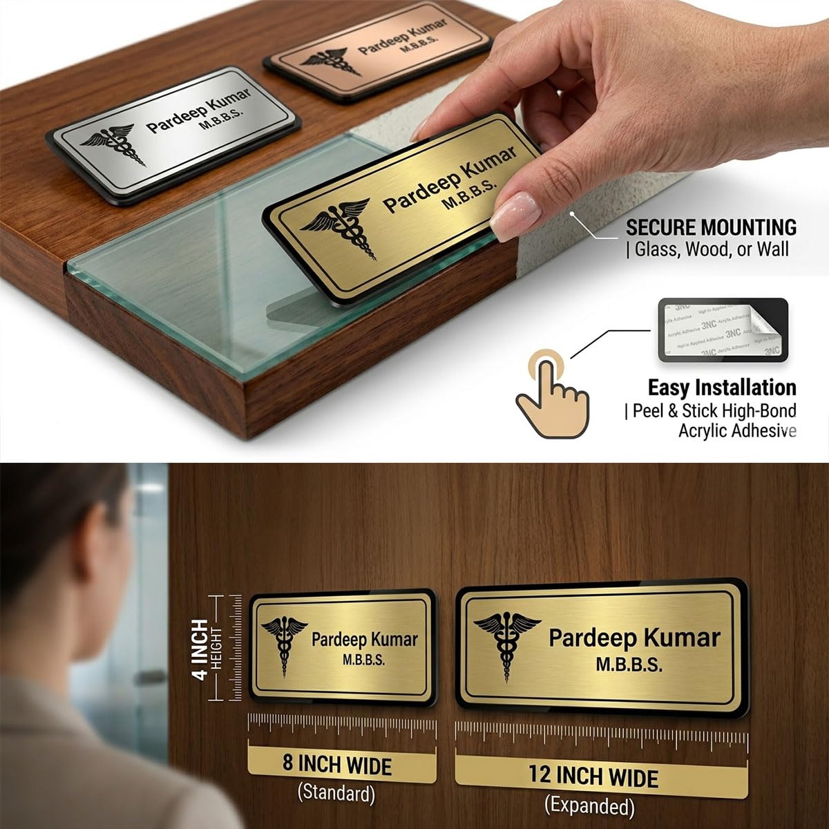 Customized Acrylic Name Plate for Office, Home, Workshop, Acrylic Laser Engraved Name Plates for Doctor, For CA, For Dentist, For Advocate, For Door, For Wall Name Plate 3 x 8 inch & 12 x 4 inch — Amazon image 3