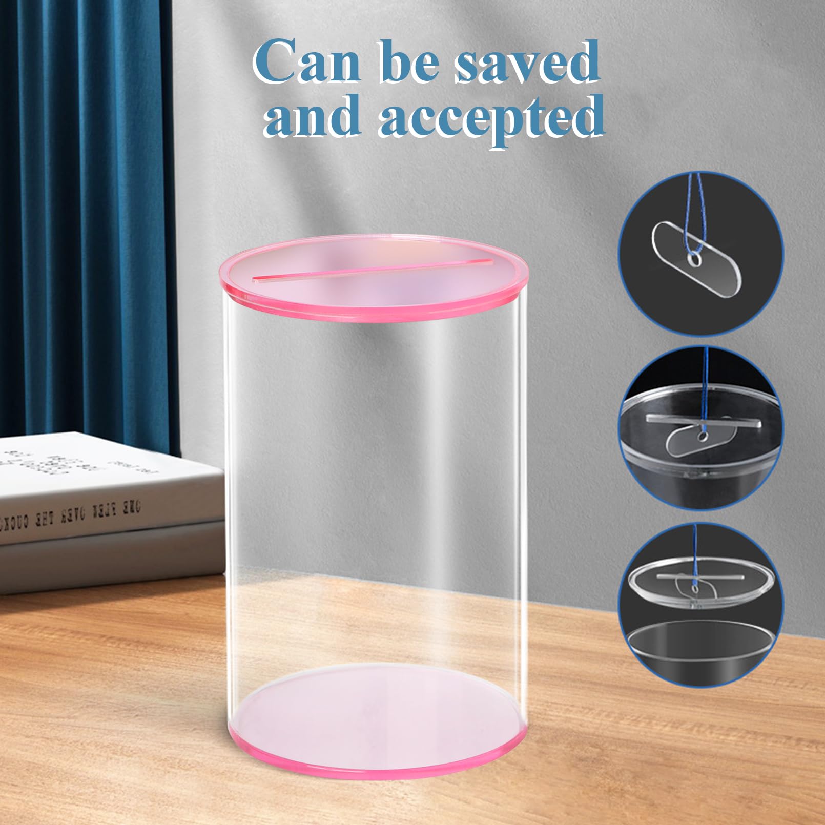Small Clear Acrylic Money Box 2.75”× 2.75”× 4.52” Transparent See Through Money Saving Box Piggy Bank for Adults Kids(Pink) - Image 4