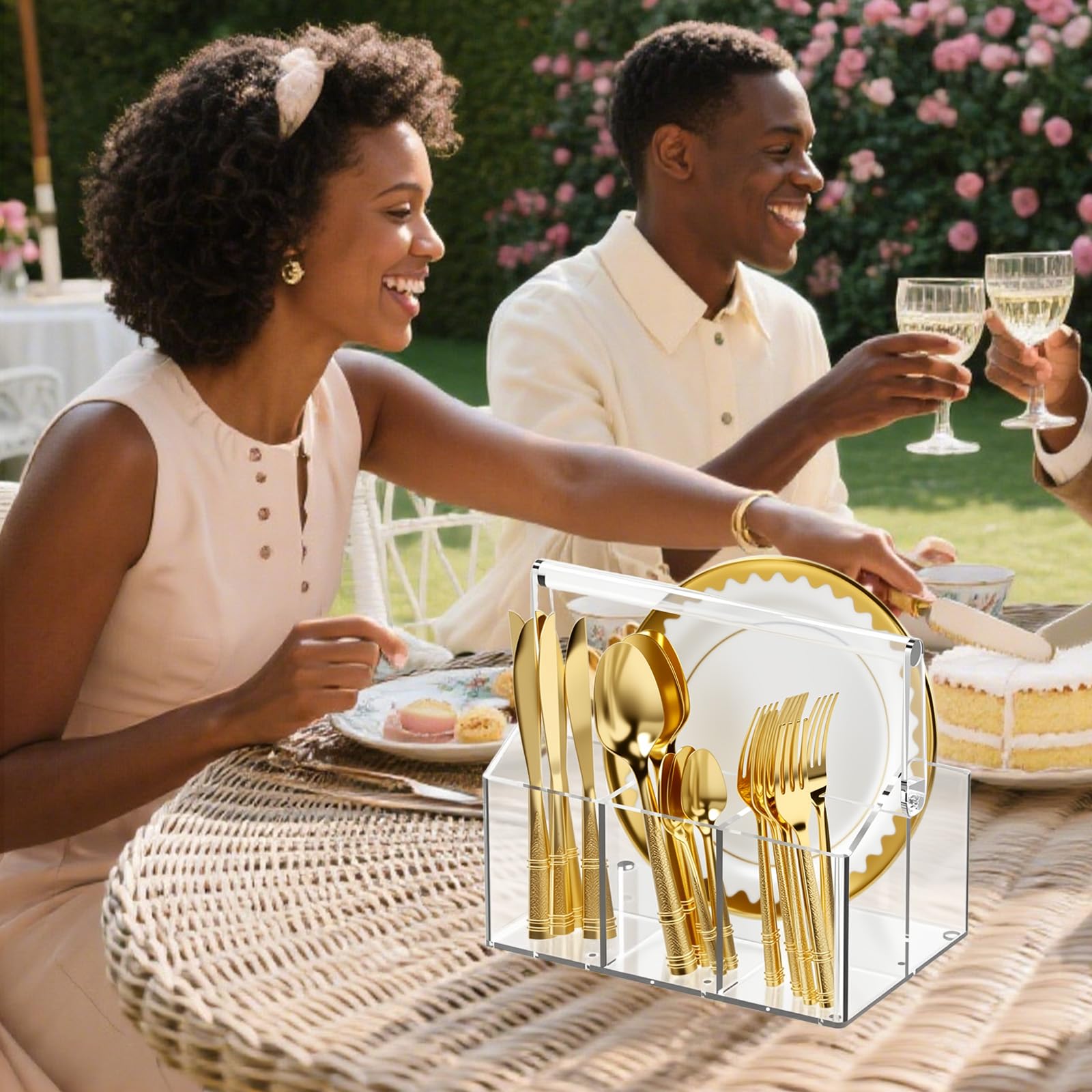 Cestino portaposate in acrilico con 4 scomparti – Porta posate in plastica trasparente per cucina buffet party – Organizzatore portaposate con manico per piatti, posate tovaglioli