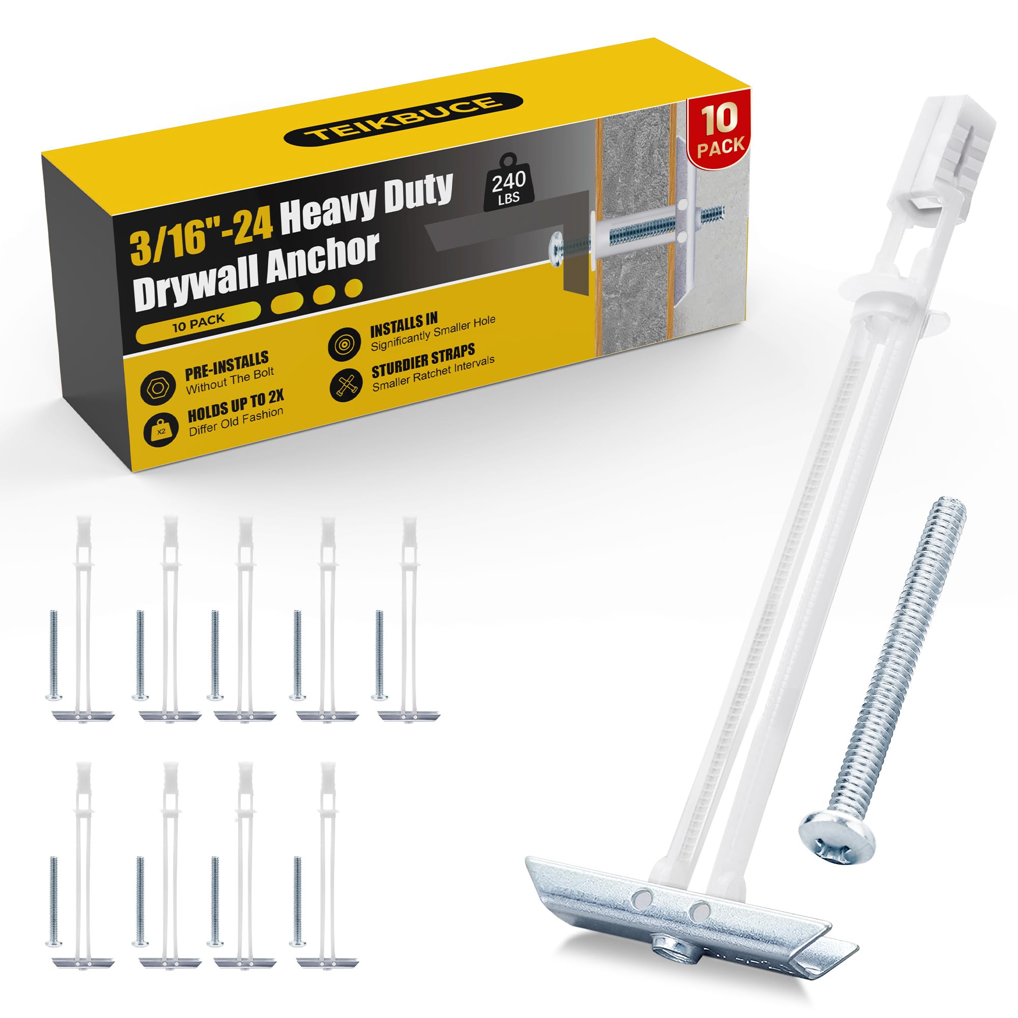Photo 1 of Drywall Anchor with Included Bolts for 3/16”-24, Heavy Duty Hollow Drywall Anchors for TV Mounting Kit, Stainless Steel Hollow Wall Anchors Holds up to 240 lbs Each in 1/2-in Drywall-10 Pack