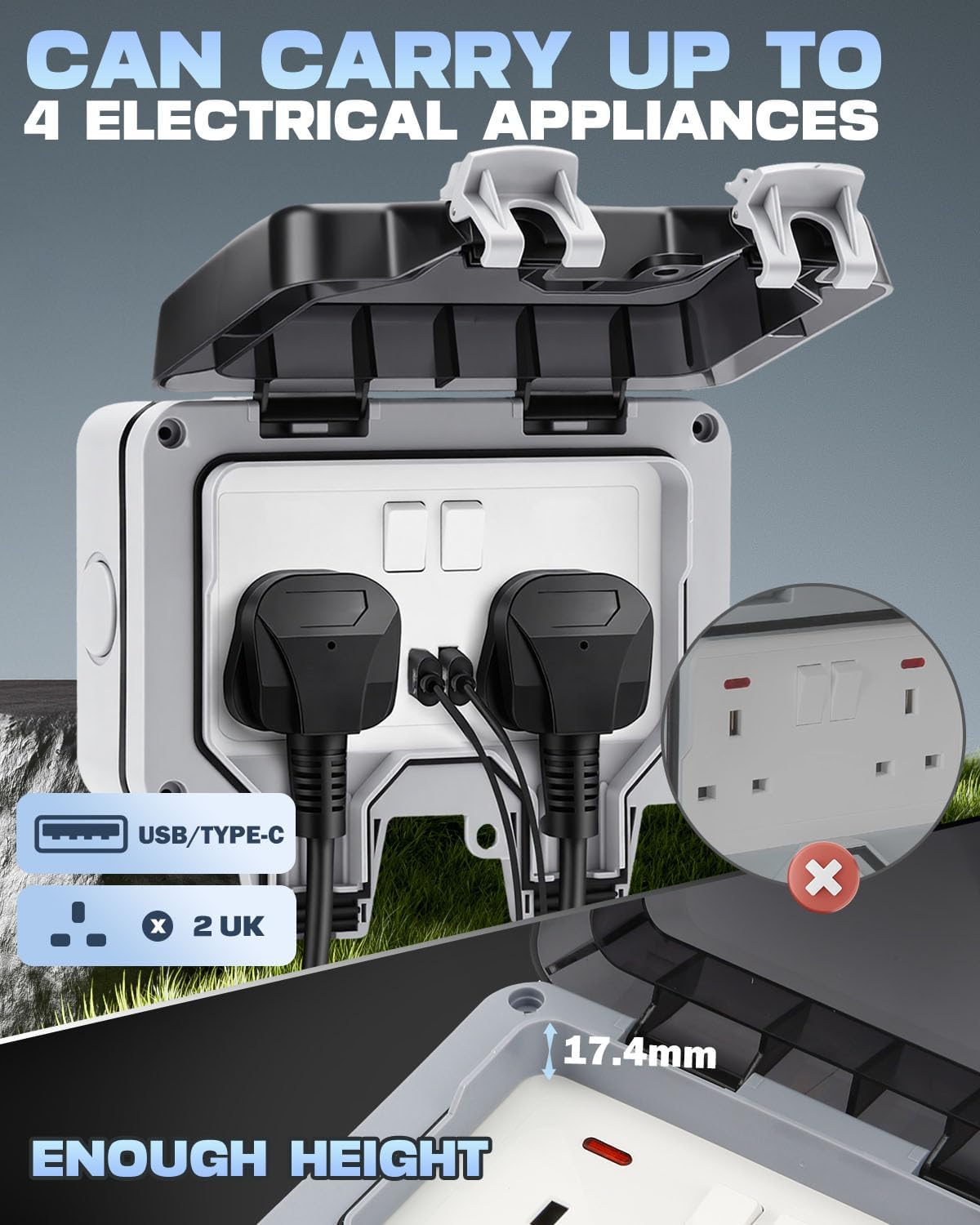 Außensteckdosen Wasserdicht 3M Outdoor Verlängerungskabel mit 2 USB Ports, IP66 Wetterfeste Steckdose