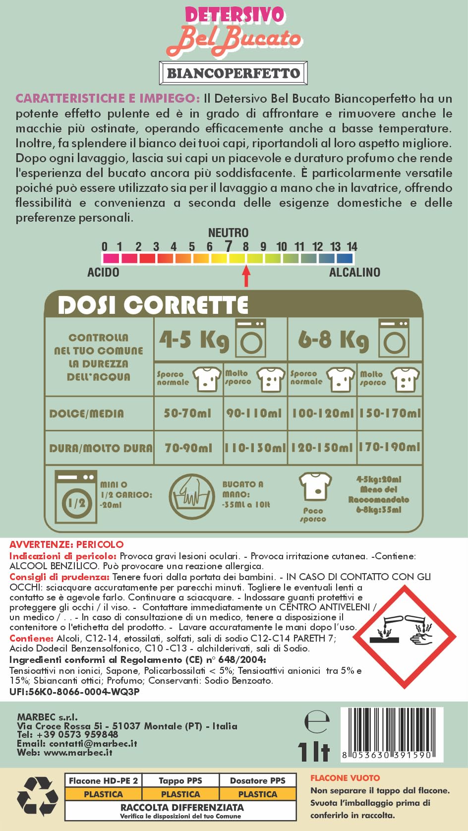 MARBEC DETERSIVO BelBucato BiancoPerfetto 1LTx6PZ Detersivo liquido concentrato per bucato a mano e in lavatrice, specifico per il lavaggio di capi bianchi