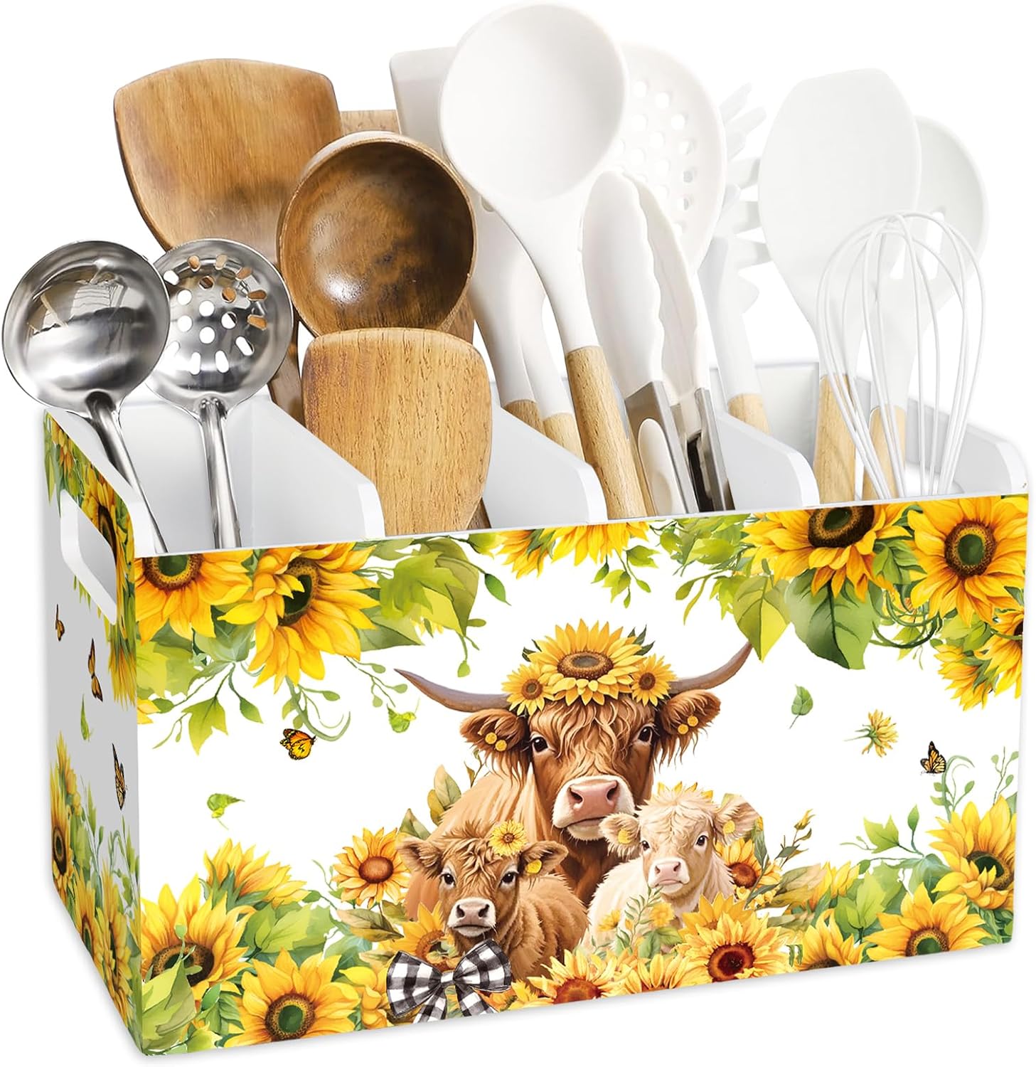 JarThenaAMCS Highland Cow Sunflower Wooden Utensil Holder 4 Compartment Large Cattle Floral Cooking Utensil Organizer for Farmhouse Home Kitchen Countertop Storage Container