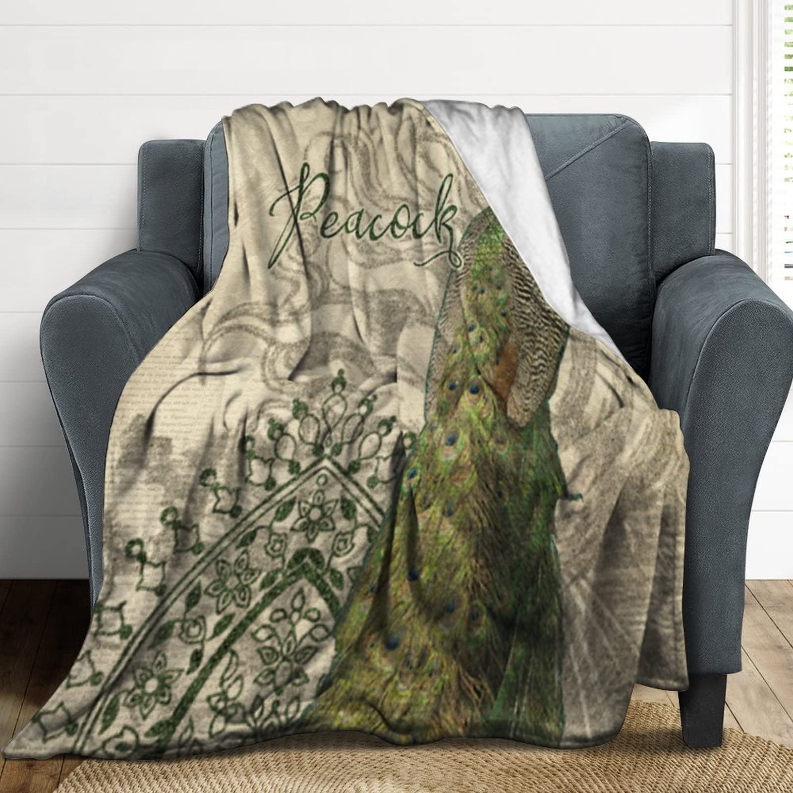 Coperta vintage in pile pavone coperta animale pavone seta peluche antistatico elegante coperta per letto sedia divano e soggiorno 127 x 152 cm regalo di inaugurazione della casa