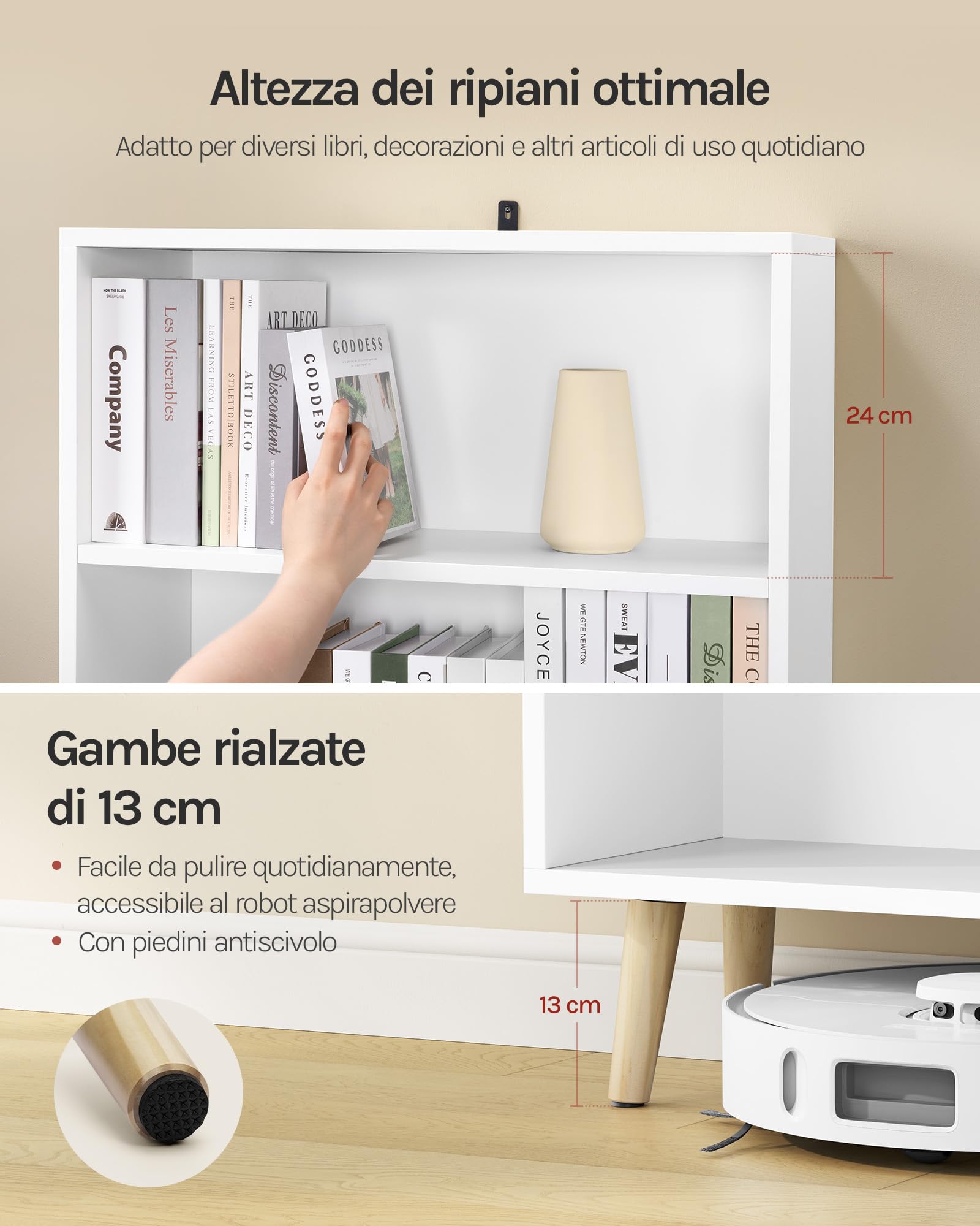 WOLTU Libreria a 5 Ripiani, Scaffale Libreria da Terra Salvaspazio | Mobile Porta Libri in Legno Bianco Moderno, per Soggiorno, Camera da Letto, Studio, Ufficio, 60x24x144 cm