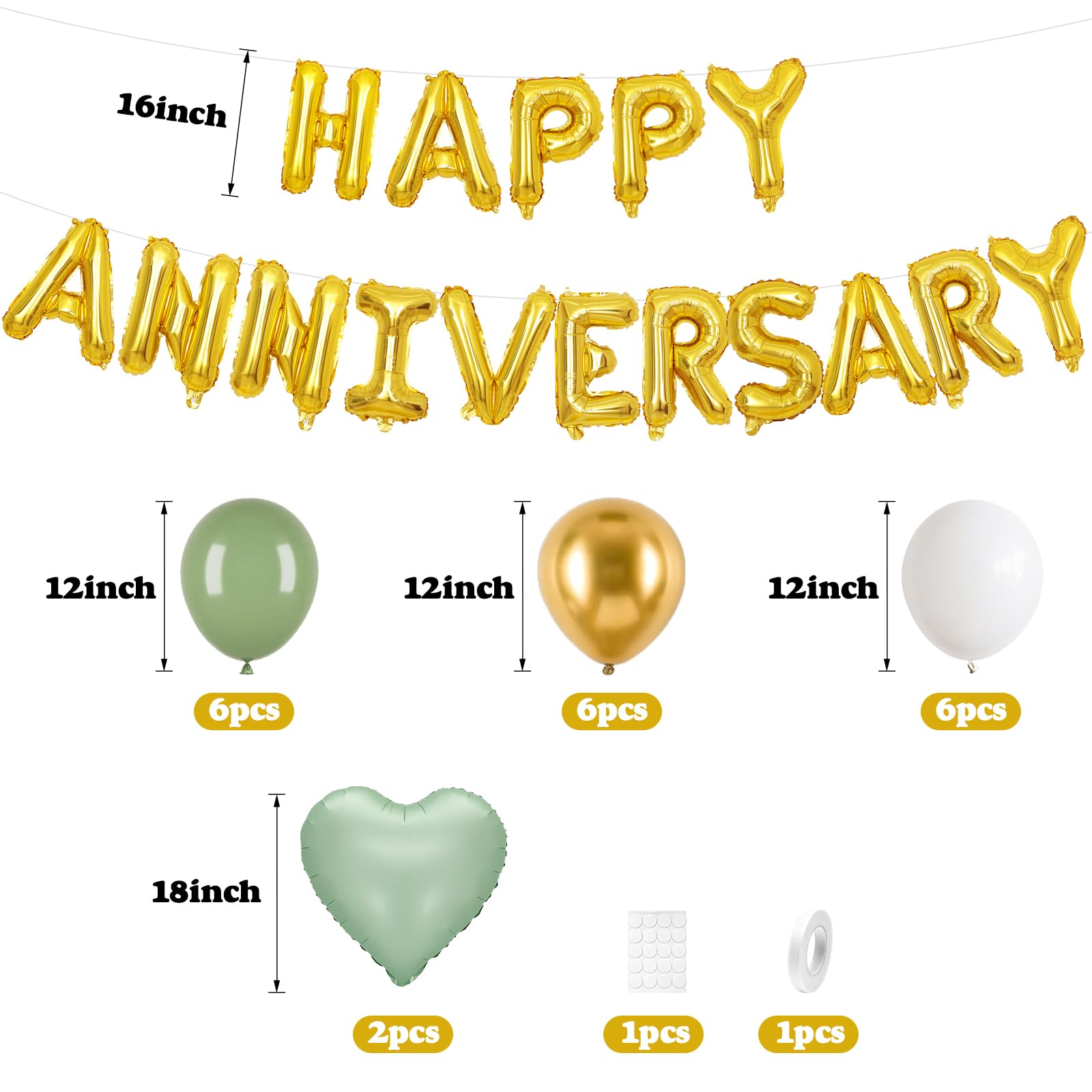 Anniversary Decorations Green Gold,Happy Anniversary Foil Balloon Banner with Confetti,Latex,Foil Heart Balloons for Celebrations Surprise Events Romantic Night Weddings