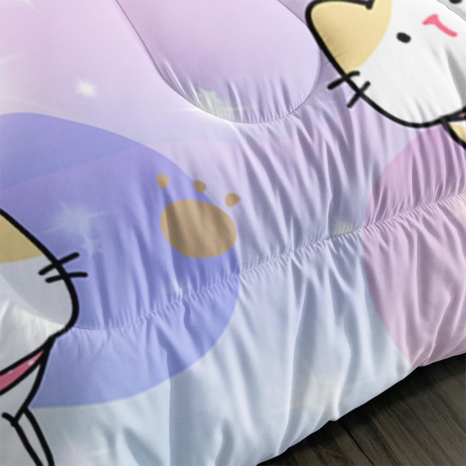 Kids Cute Cat Comforter Set Full Size 3Pcs Colorful Rainbow Glitter Star Bedding Set Lovely Animal Cat Paw Quilt Bed Set for Children Girls Boys Room Decor
