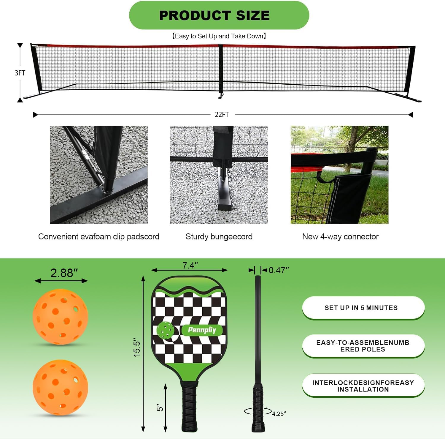 Pickleball Set with Net and Paddles, 4 Player Set, Brown Wooden Paddles, 22FT Portable Net, 6 Balls, 4 Ball Retrievers, 4 Replacement Grips