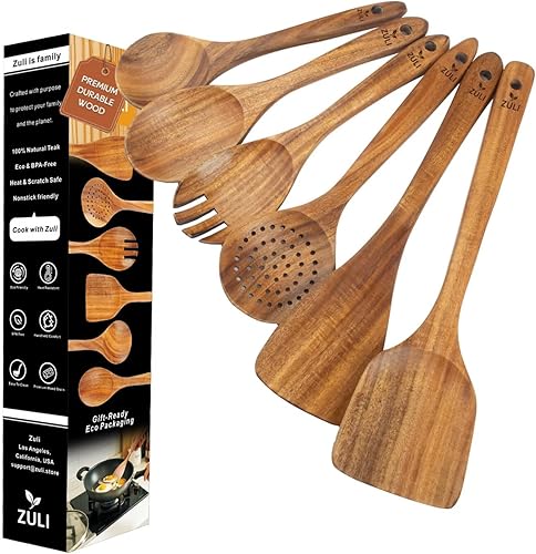 Juego de utensilios de cocina de madera de teca de 6 piezas, cucharas y espátulas para utensilios de cocina antiadherentes, herramientas de cocina disponible en Yaxa Costa Rica