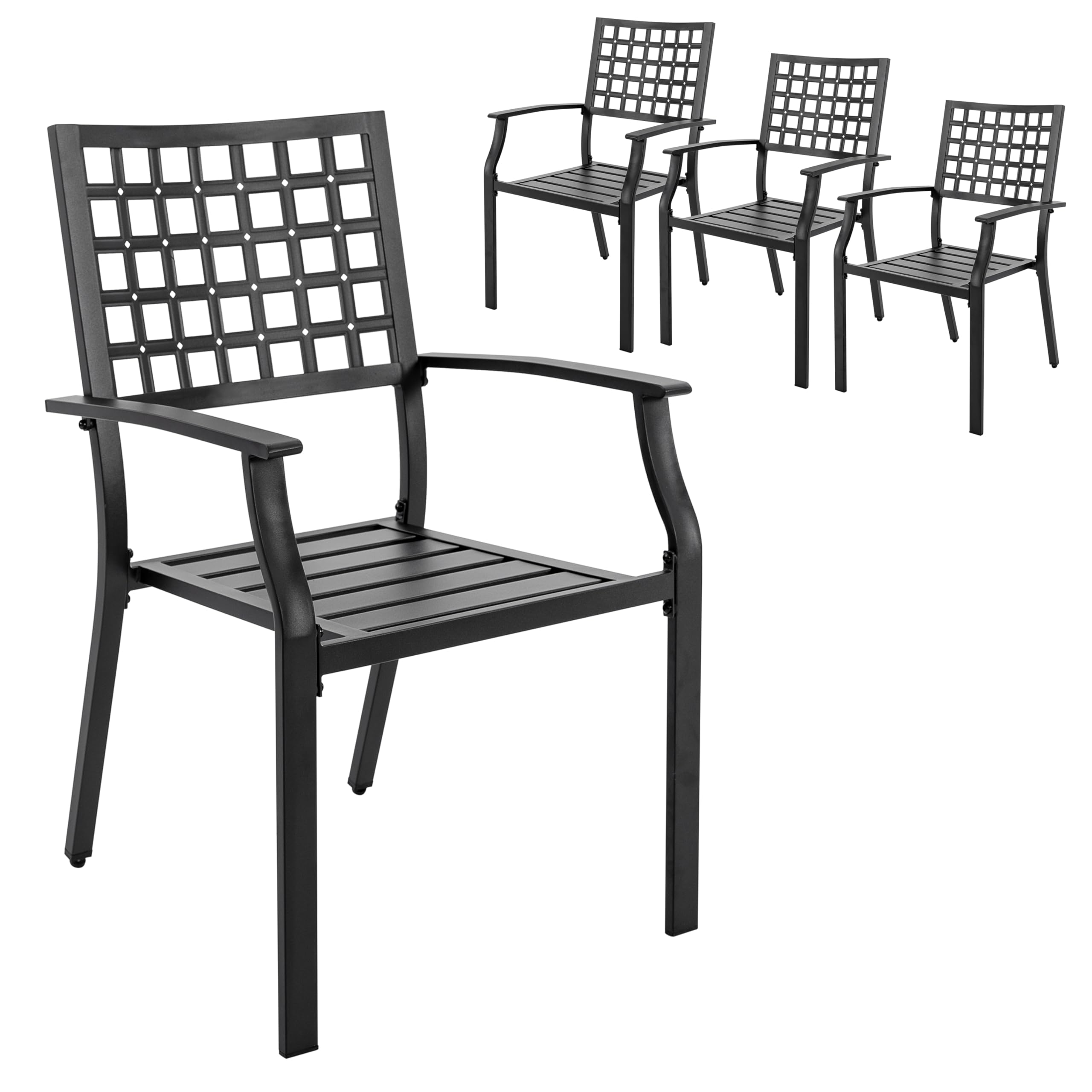 NUU GARDEN Patio Dining Chairs Set of 4, Stackable Outdoor Dining Chairs with Armrest, Wrought Iron Metal Chairs Patio Chairs for Backyard Lawn, Deck,