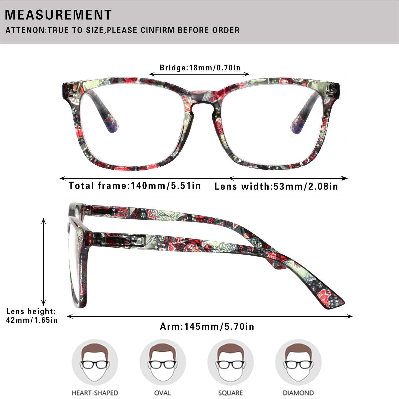HENOTIN Lesebrille für Damen, mit Federscharnier, blaues Licht, modisches Muster, für Frauen (Leser mit Musterdruck, 2,0, Dioptrien)
