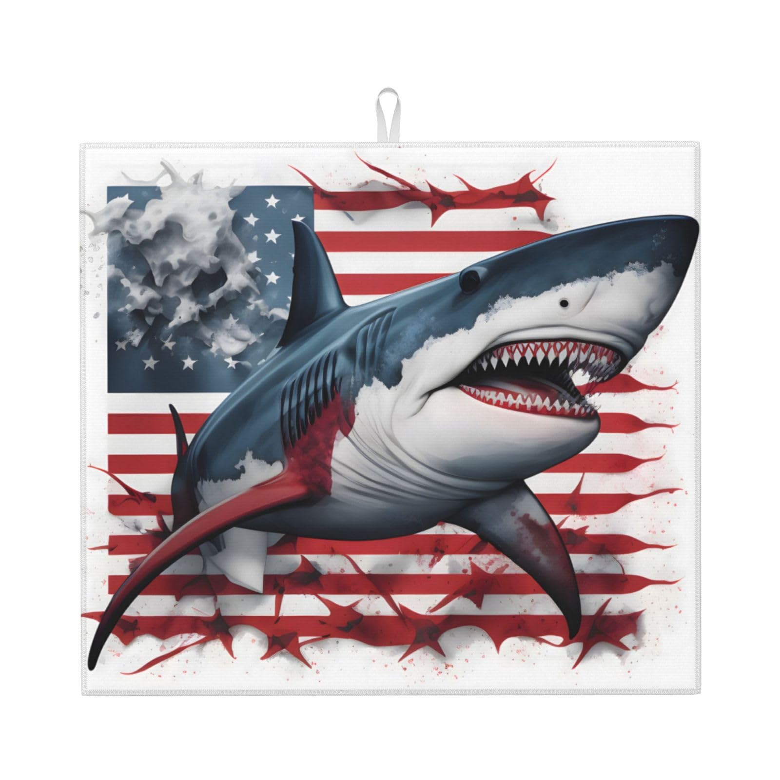 Dish Drying Mat for Kitchen Counter, Ocean Animal Ferocious Shark American Flag Super Absorbent Dish Rack Mats with Hanging Loop, 16 X 18 Inch