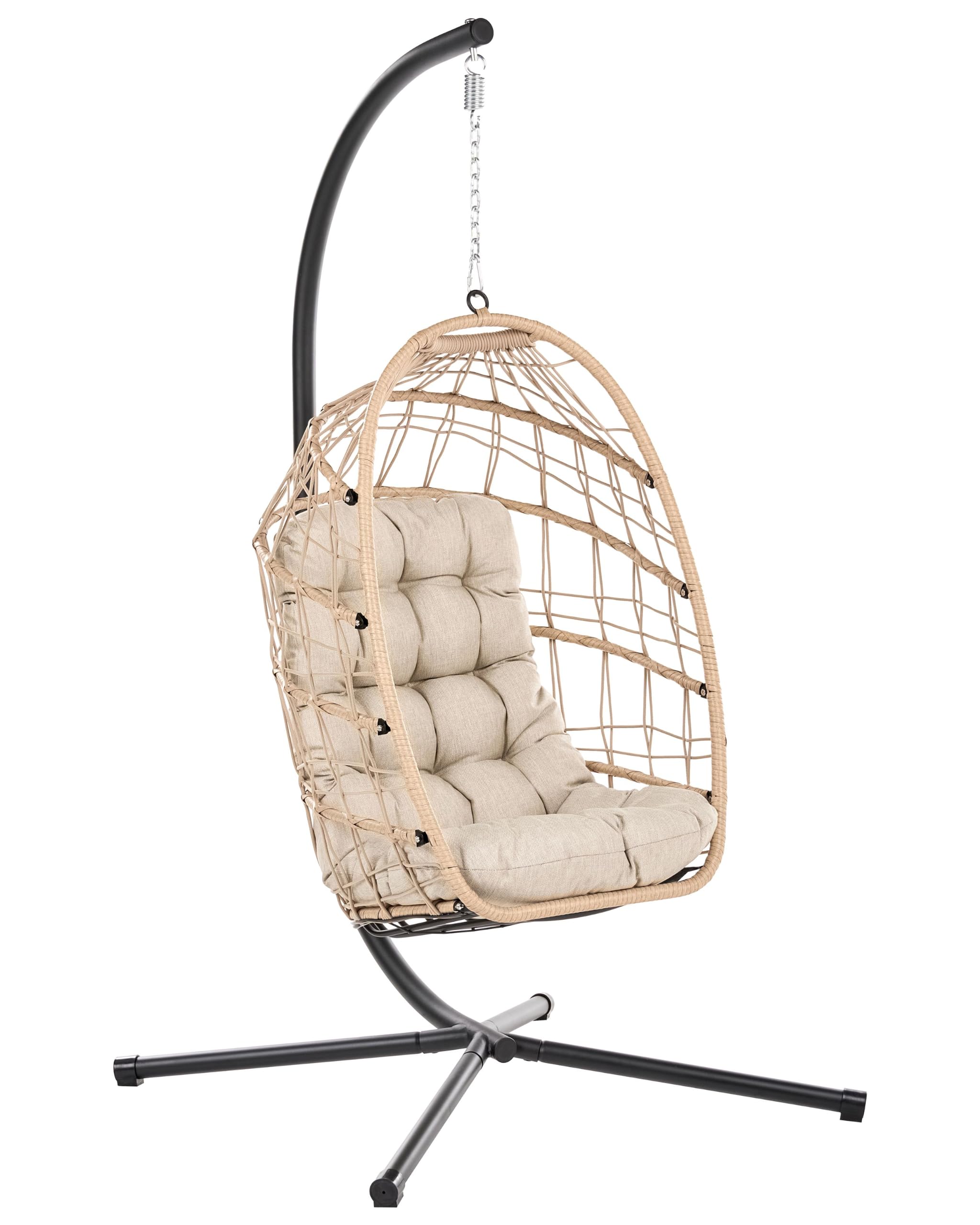 Sillón Colgante Columpio Estilo Boho de ratán sintético Soporte de Metal Cadena con cojín Mullido Natural Mornese