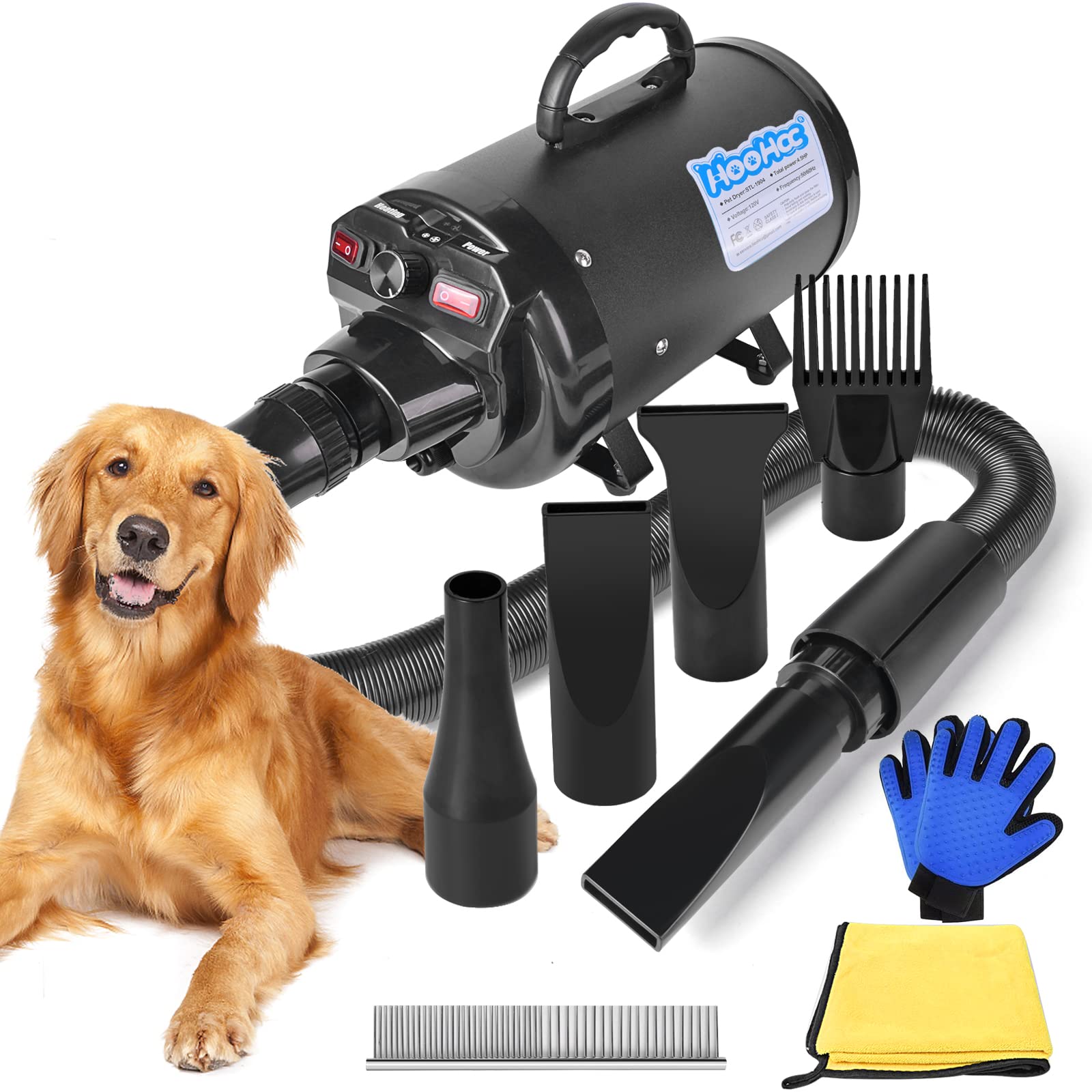 HooHccDog Dryer, 4.5HP All-in-one Pet Grooming Dryer with Adjustable Speed and Temperature Control Dog Blow Dryer, Dog Hair Dryer with 4 Nozzle, Comb, Towel & Glove (Black)
