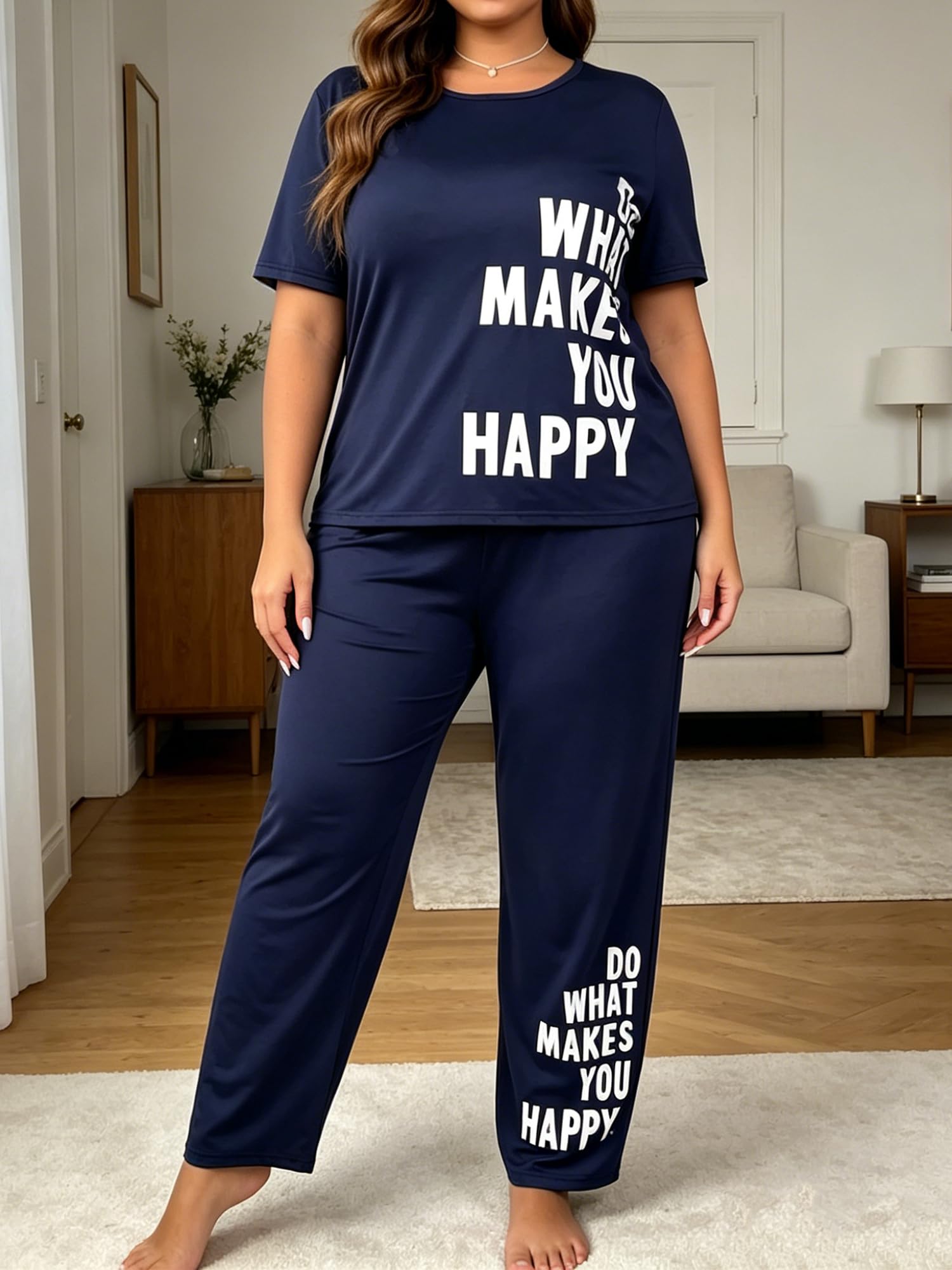 Conjunto de pijama de talla grande para mujer, manga corta con pantalón largo, ropa de dormir suave, estampada, talla 1X a 5X, Azul marino, 5X-Large