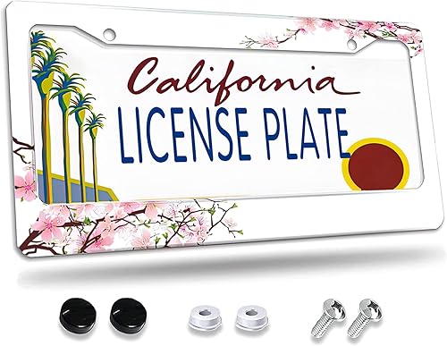 Marco de matrícula de flores de cerezo, marcos florales para placa de automóvil, marcos decorativos de aluminio para placa de matrícula de metal de