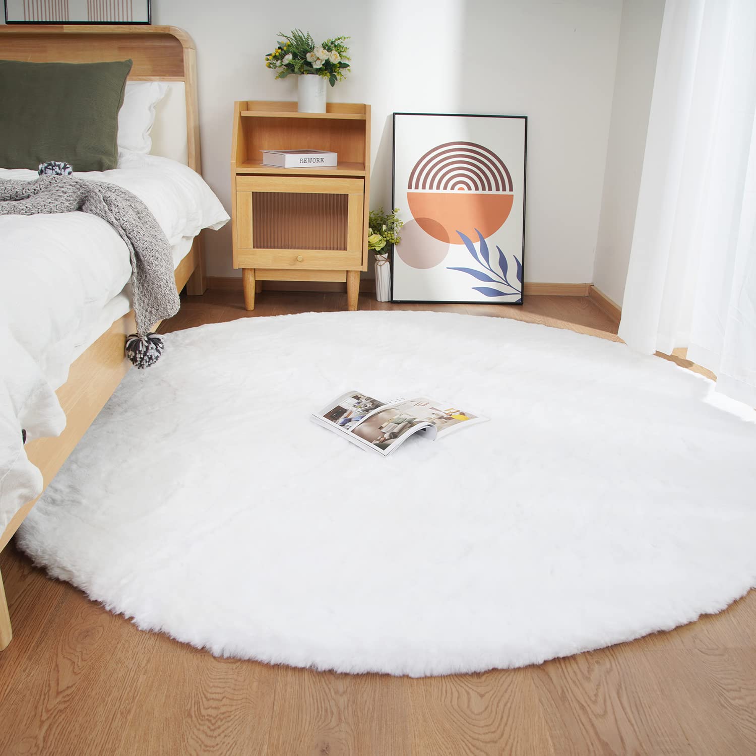 Ghouse Faux Tappetto di Pelle di Pecora Tappeto a Pelo Corto Lavabile Fluffy Uni Effetto Pelliccia Antiscivolo Facile da Pulire, Dimensione: Tondo 150 cm, Colore: Bianco