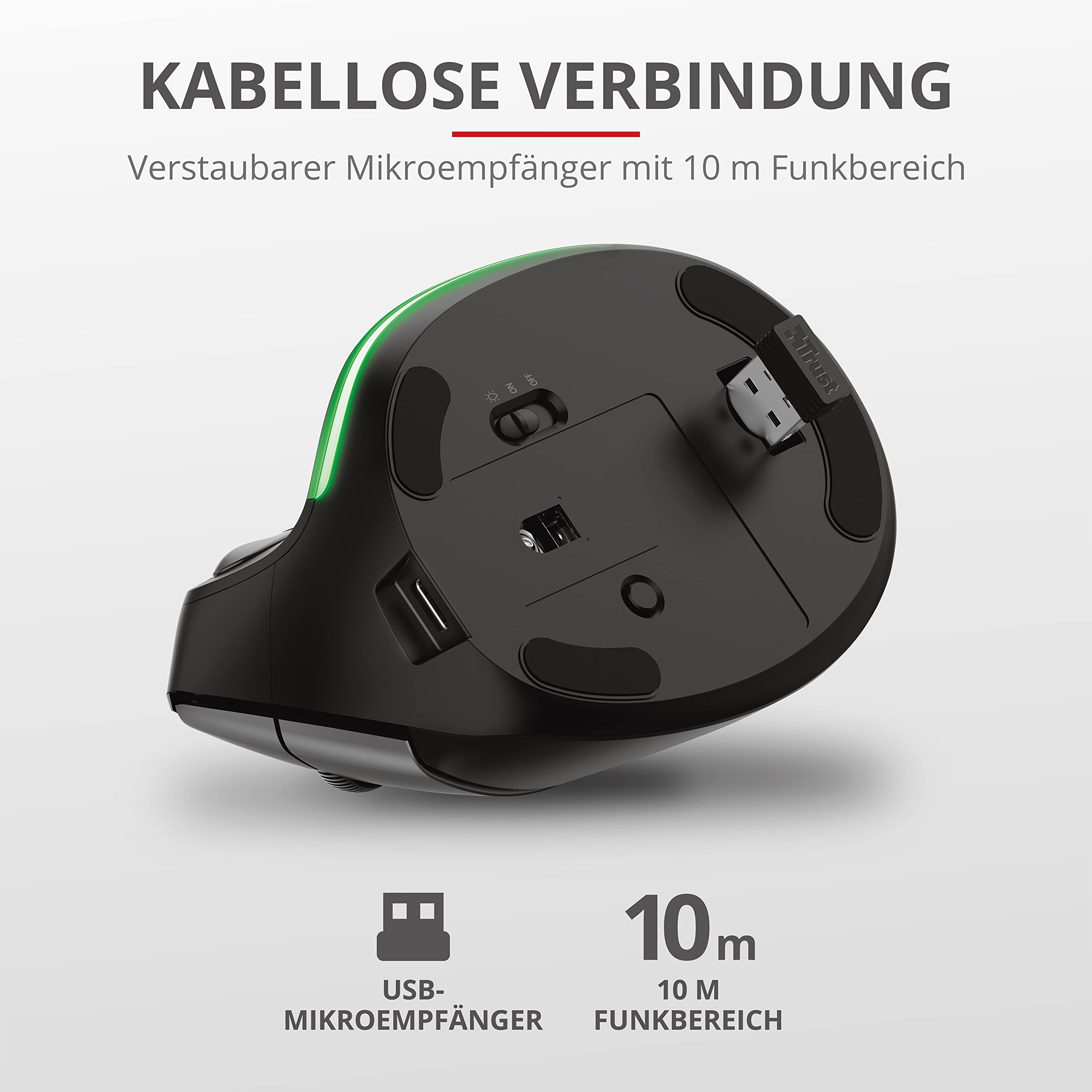 Trust Bayo Kabellose Vertikale Maus, Wiederaufladbare Ergonomische Maus, 800-2400 DPI, RF 2.4GHz, 6 Tasten, USB-Empfänger, Funkreichweite 10m, RGB, Funkmaus für Laptop, PC, Computer, Mac