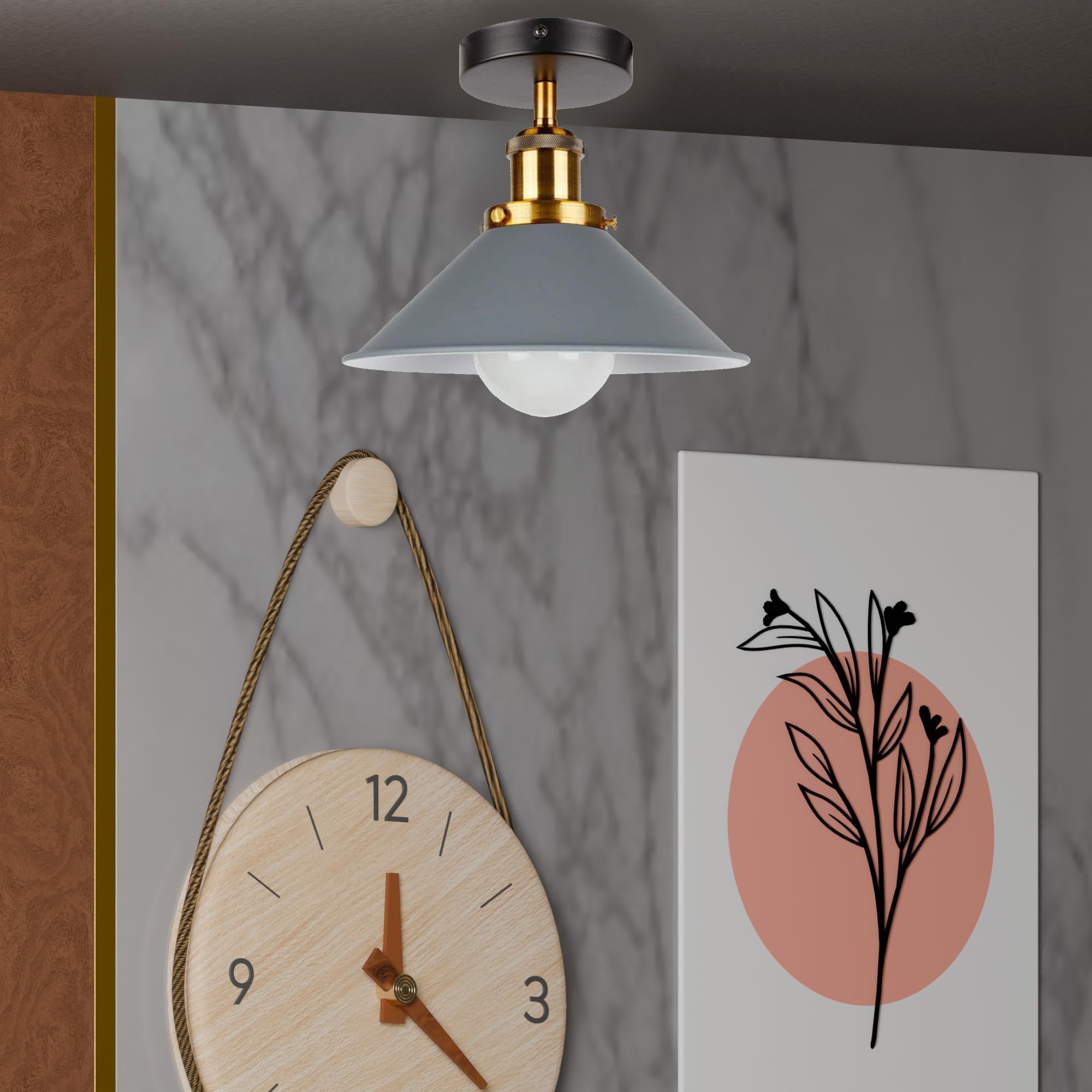 LEDSone Vintage Semi Flush Mount Ceiling Light Metal 2 Pack Cone Shape Pendant Lamp E27 Lights Fitting for Kitchen Bedroom Hallway Restaurant Hotel Grey Without Bulb - Image 2