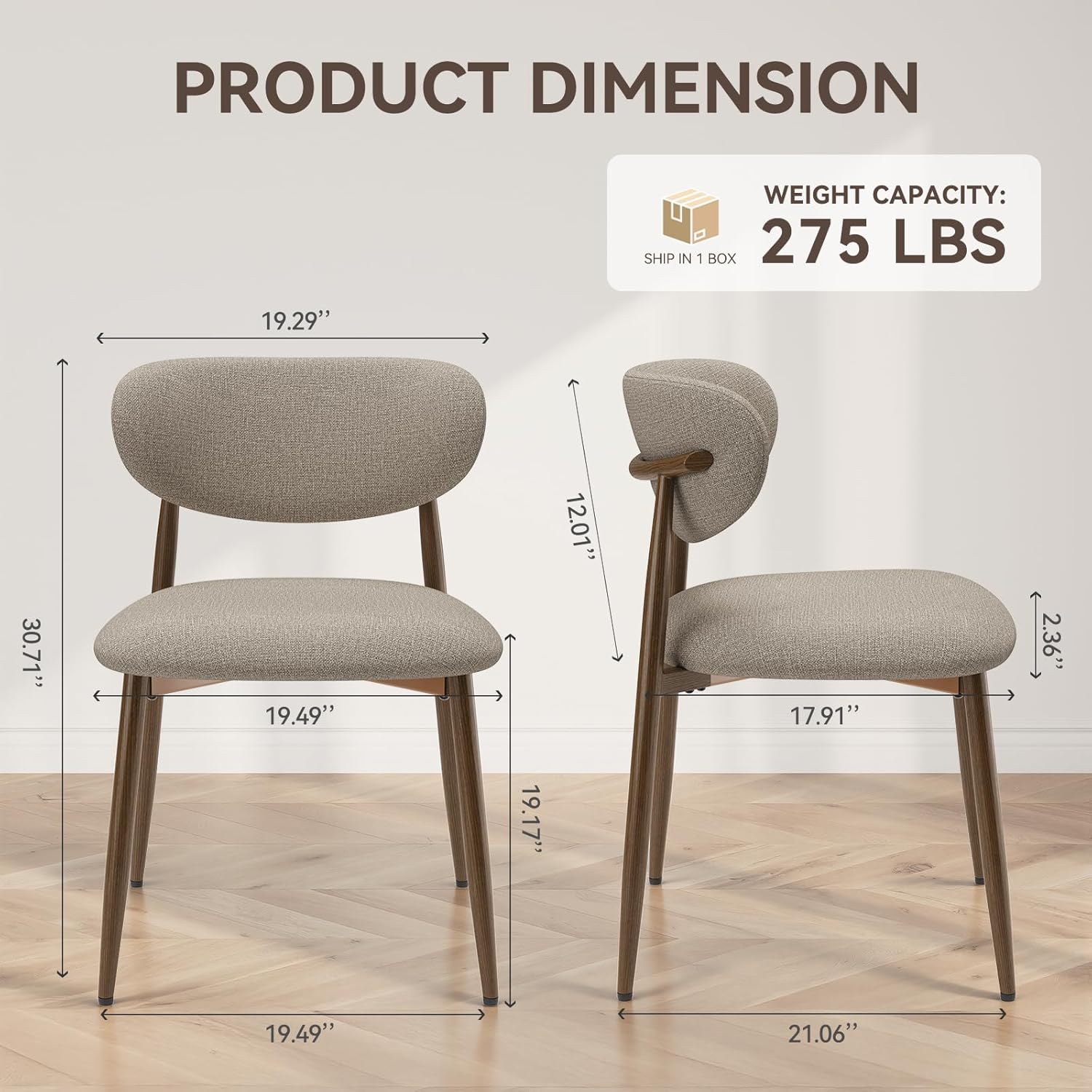 Dining Chairs Set of 2, Curved Back Kitchen Room Chairs with Metal Legs and Anti Slip Pads, Upholstered Dining Chair for Home and Restaurant, Camel Camel Set of 2