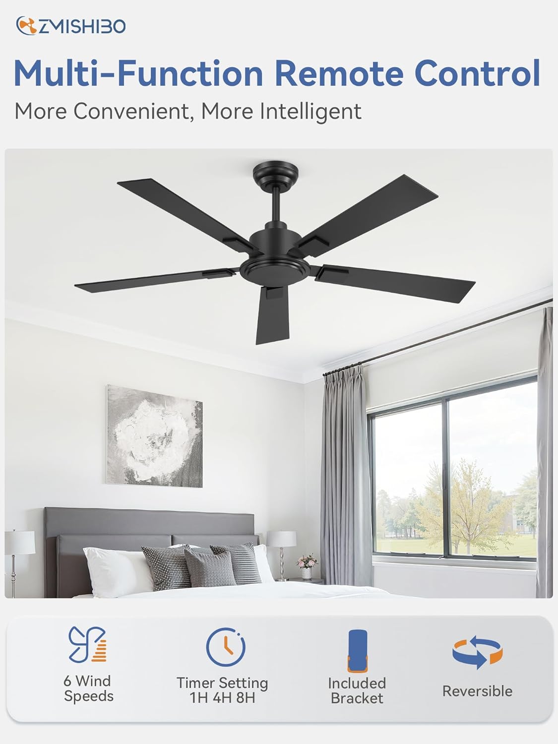 ZMISHIBO 52 Inch Ceiling Fan No Light with Remote, Black Ceiling Fan without Lights, Quiet Reversible DC Motor, 6-Speeds, Modern Ceiling Fans for Living Room, Bedroom, Patio, Indoor/Outdoor Use - Image 5