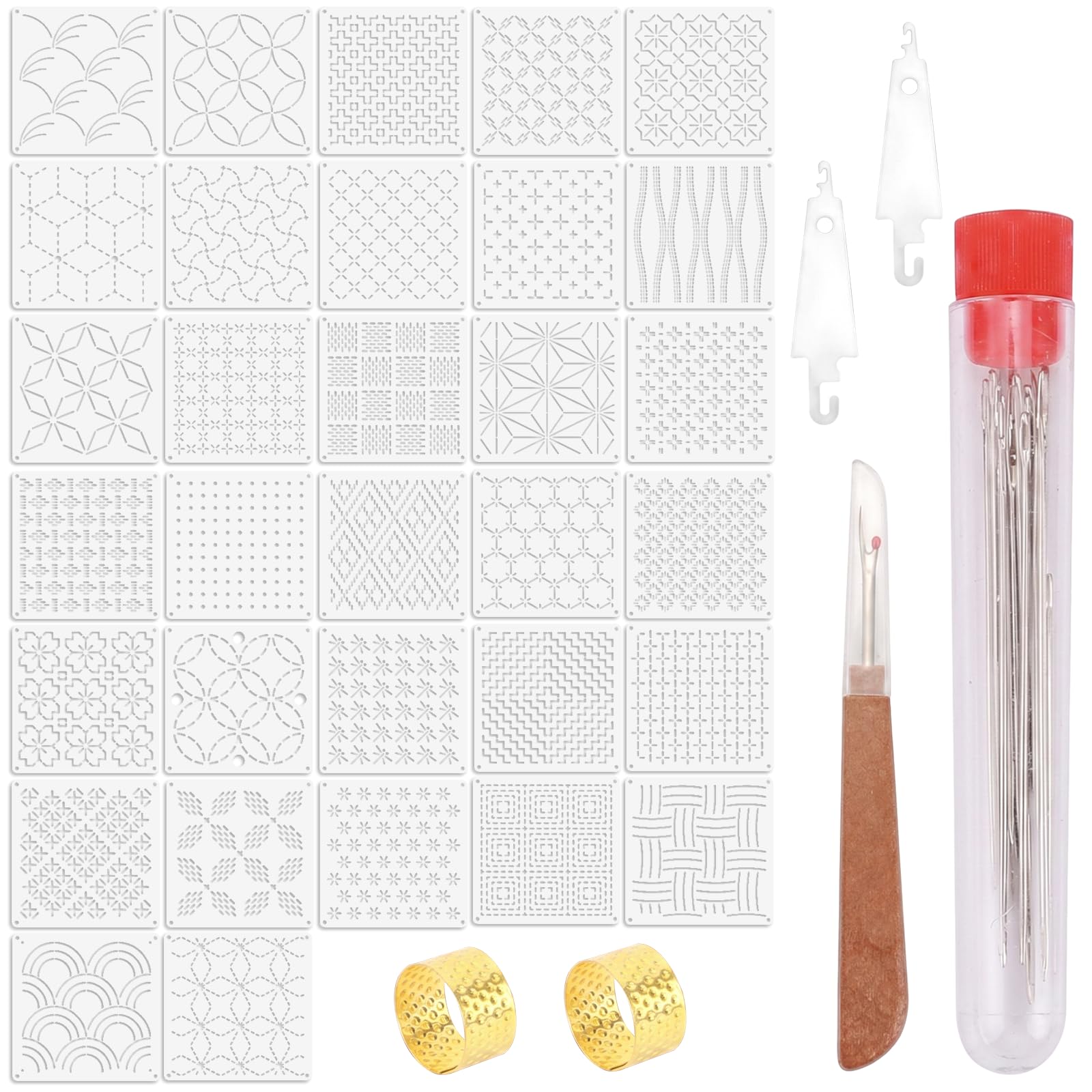 32PCS Sashiko Templates Reusable Embroidery Stencils PET Material 13cm/5.1in Square with Needle Finger Holders for Hand Quilting (32, Style1)