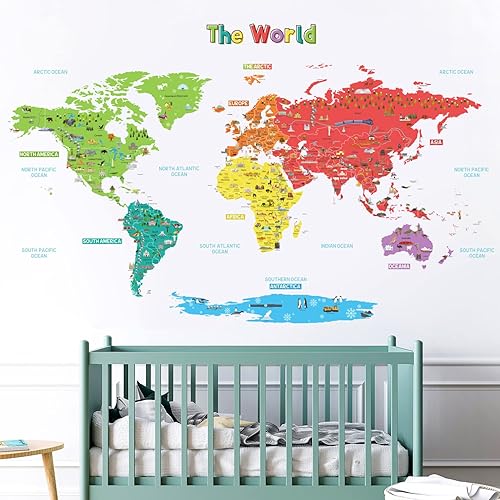 Miniatura 3 de DECOWALL SG-1902s - Calcomanías de pared de mapa del mundo educativo grandes, calcomanías coloridas extraíbles para niños, guardería, dormitorio,