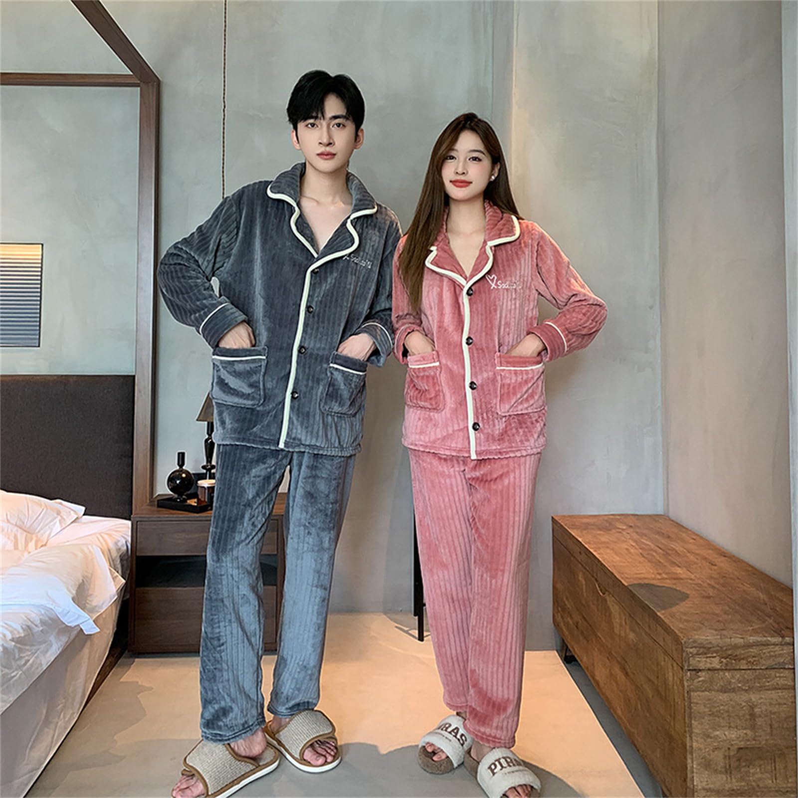 Pijamas de los Hombres Traje de Dos Piezas de Franela Invierno Grueso y cálido Terciopelo Coral Uso casero Pijama Set Lovers Sleepwear 2PCS Ms Nightwear