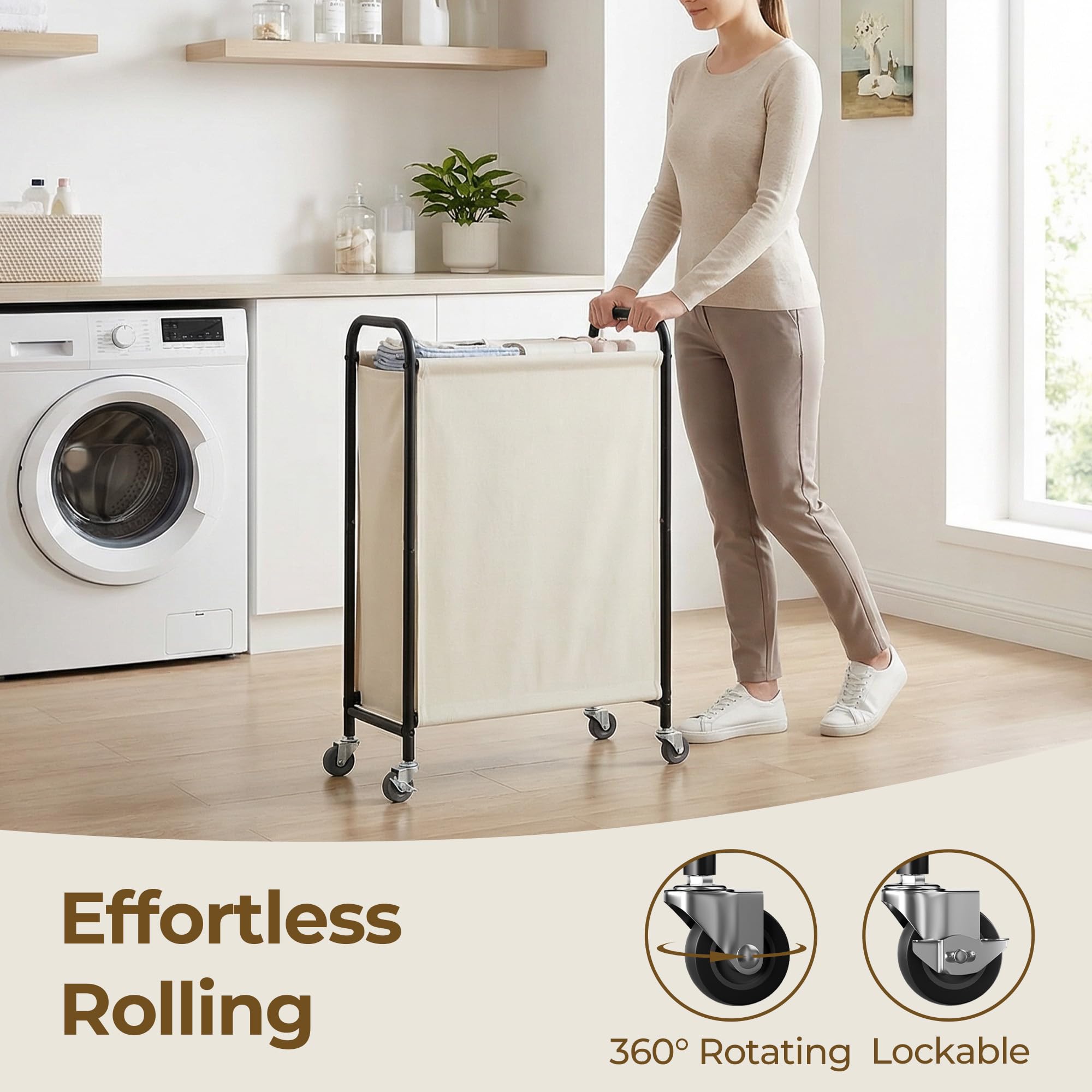 GRANNY SAYS Cesto de la Ropa de 80 Litros con Ruedas, Cesto de Tela con Ruedas, Organizador de Ropa Estrecho, Cesto Alto para Armario, Lavadero o Baño, Slim Laundry Basket, Color Beige