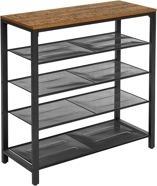 Meerveil Shoe Rack, 5 Tier Shoe Shelf with Mesh Shelves Industrial Design for Entryway Hallway Bathroom, 80 x 30 x 96cm, Rustic Brown