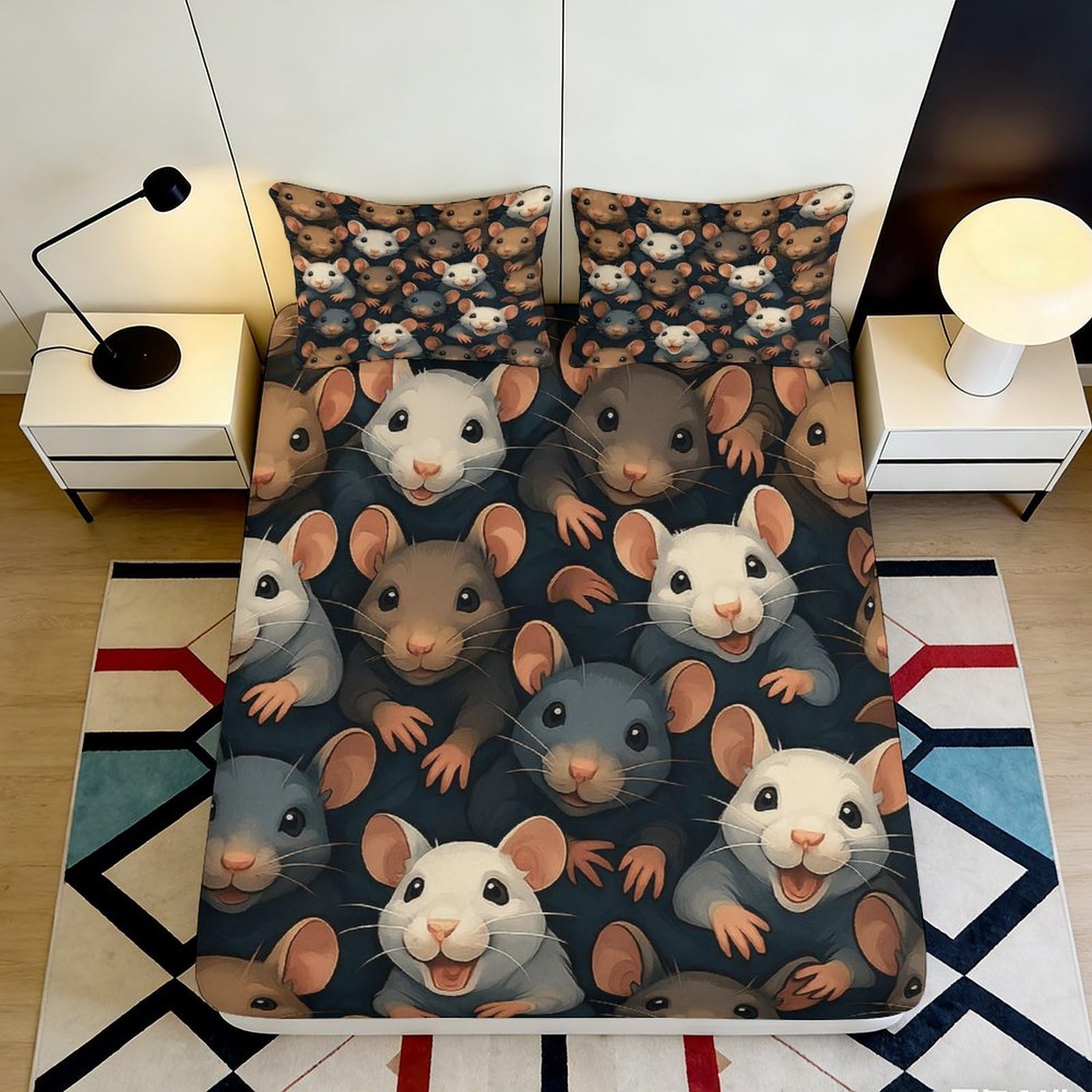 3D Printed Cute Rats Fitted Sheet Microfiber Soft Breathable Cartoon Rodents Bed Cover for Bedroom Dormitory Guest Room Mattress Protection Decor 140x200x25cm