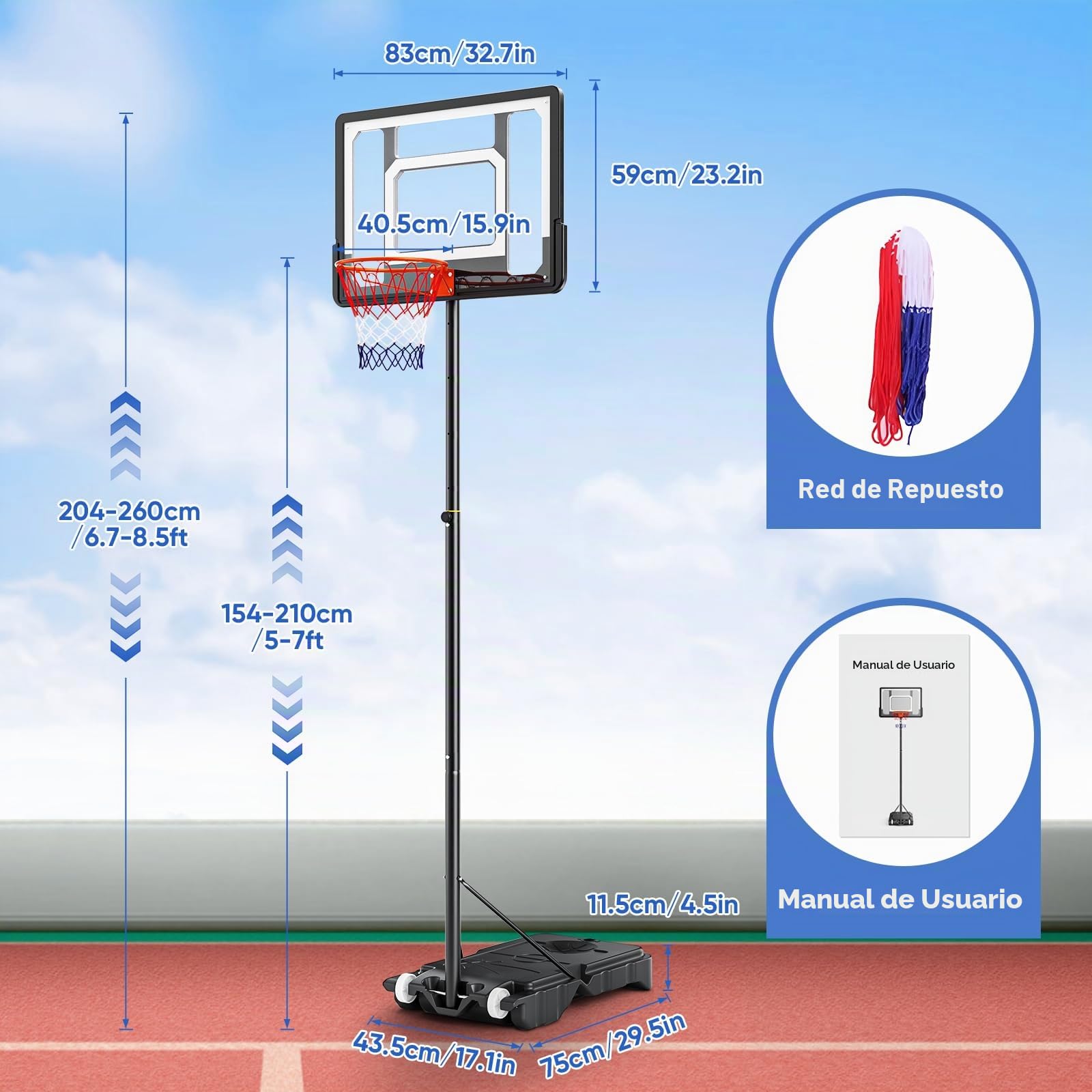 Canasta de Baloncesto para Exteriores, Altura Regulable de 128 a 305 cm, Canasta de Baloncesto con Ruedas, Adecuada para niños, Adolescentes y Adultos